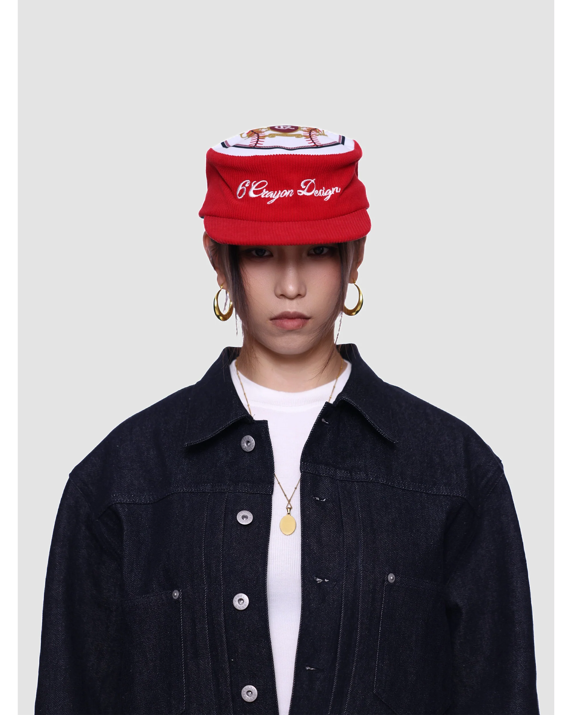 6CRAYON Flat Top Embroidered Corduroy Patchwork Baseball Cap - Image 5