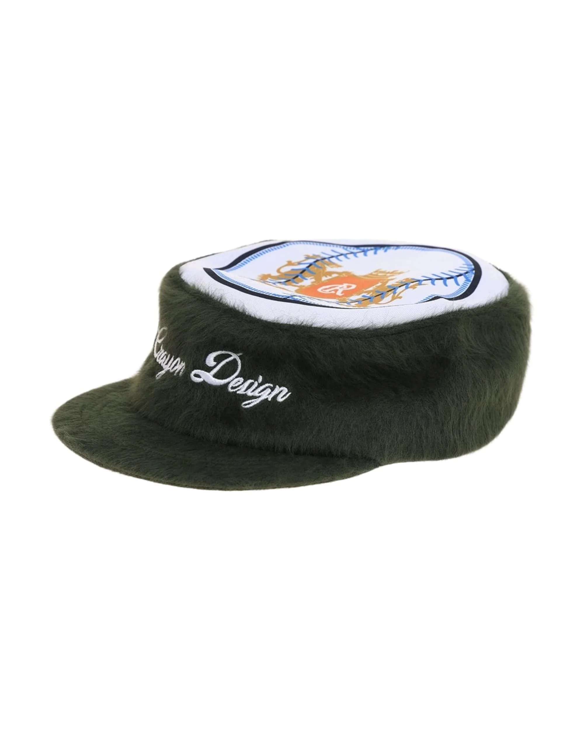 6CRAYON Flat Top Embroidered Rabbit Fur Olive Green Pa tchwork Baseball Cap