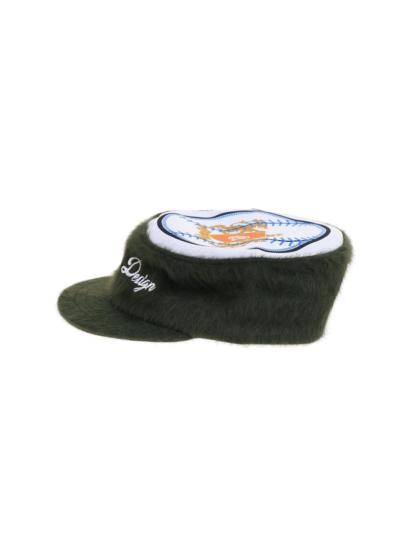 6CRAYON Flat Top Embroidered Rabbit Fur Olive Green Pa tchwork Baseball Cap - Image 12