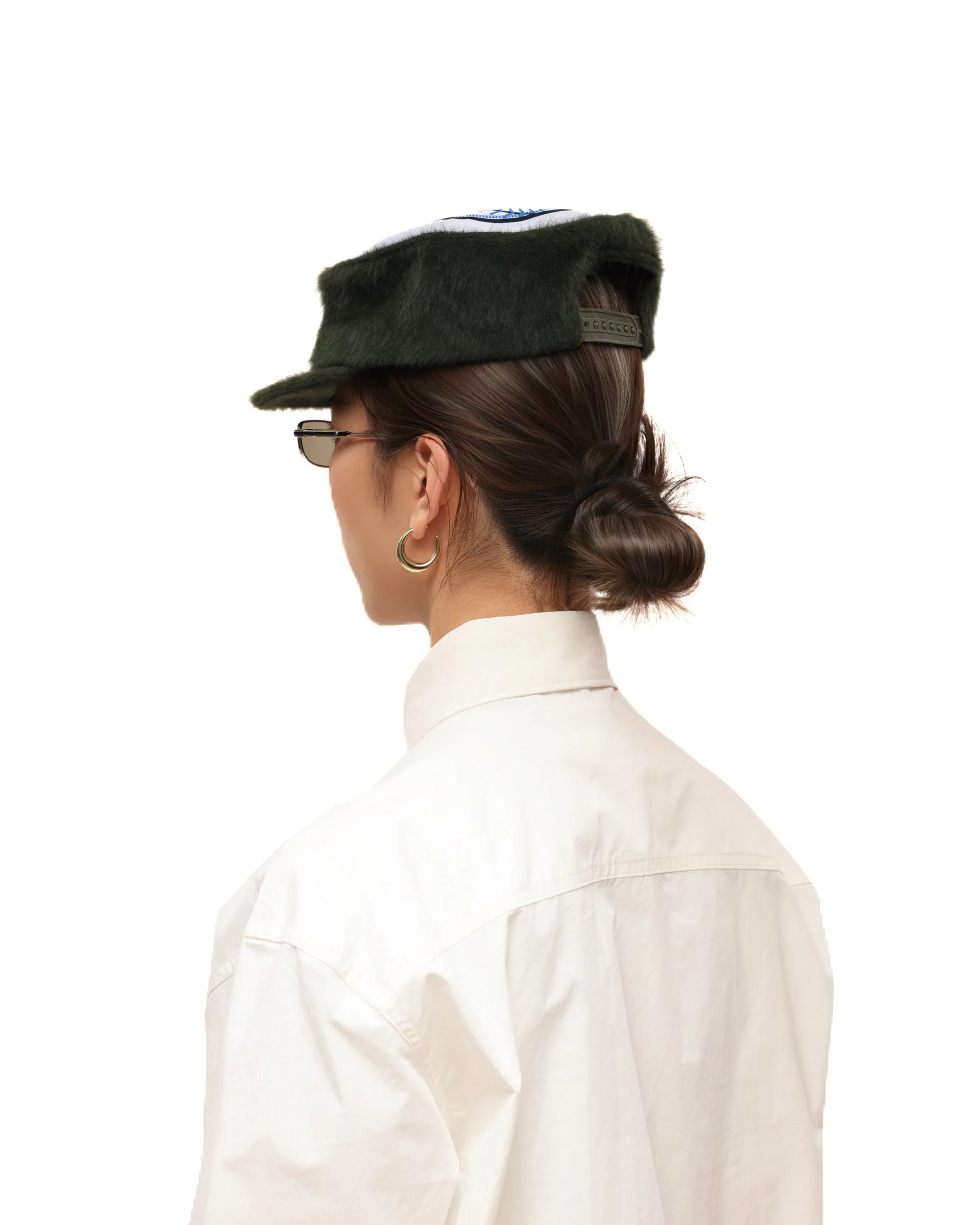 6CRAYON Flat Top Embroidered Rabbit Fur Olive Green Pa tchwork Baseball Cap - Image 3