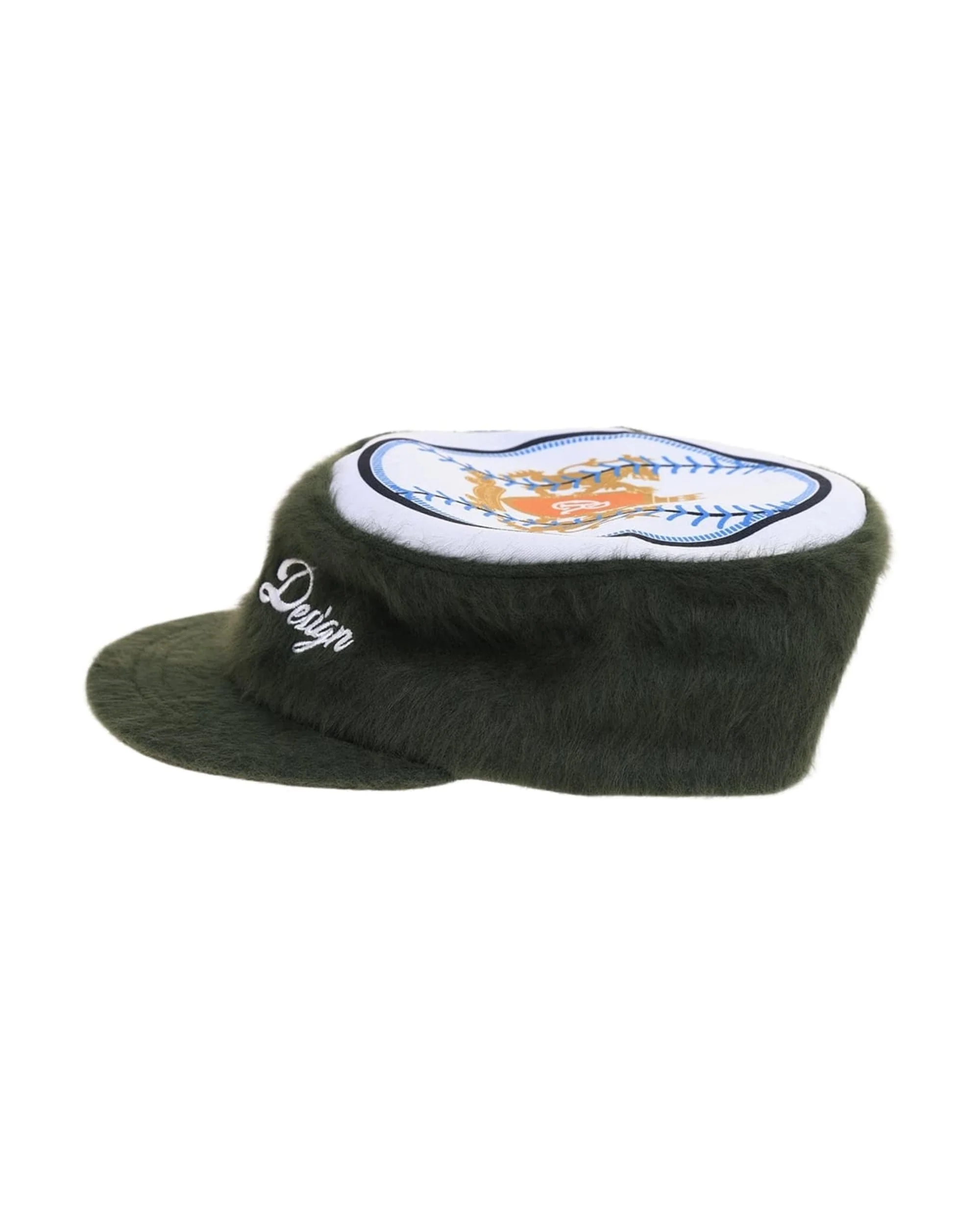 6CRAYON Flat Top Embroidered Rabbit Fur Olive Green Pa tchwork Baseball Cap - Image 4