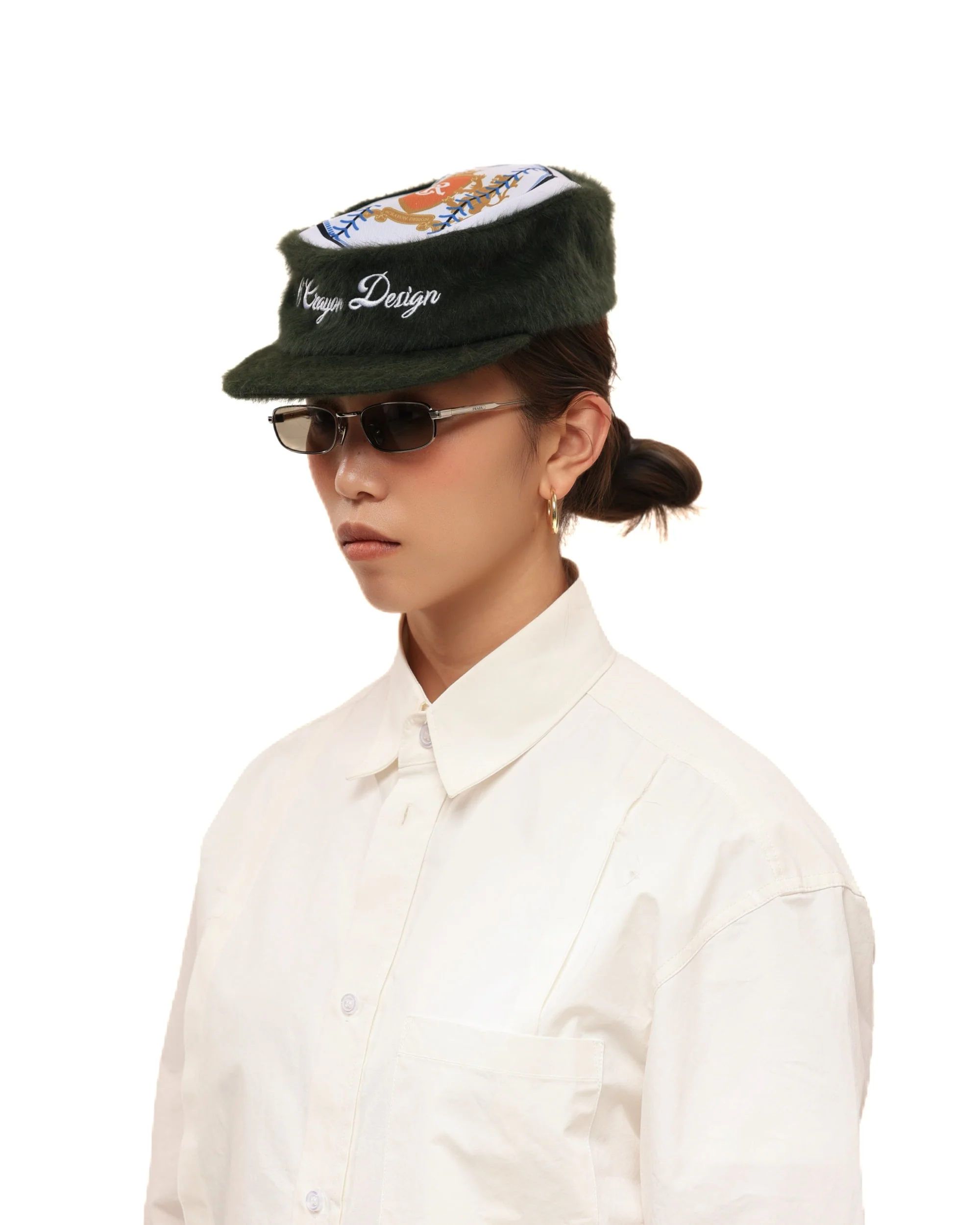 6CRAYON Flat Top Embroidered Rabbit Fur Olive Green Pa tchwork Baseball Cap - Image 5