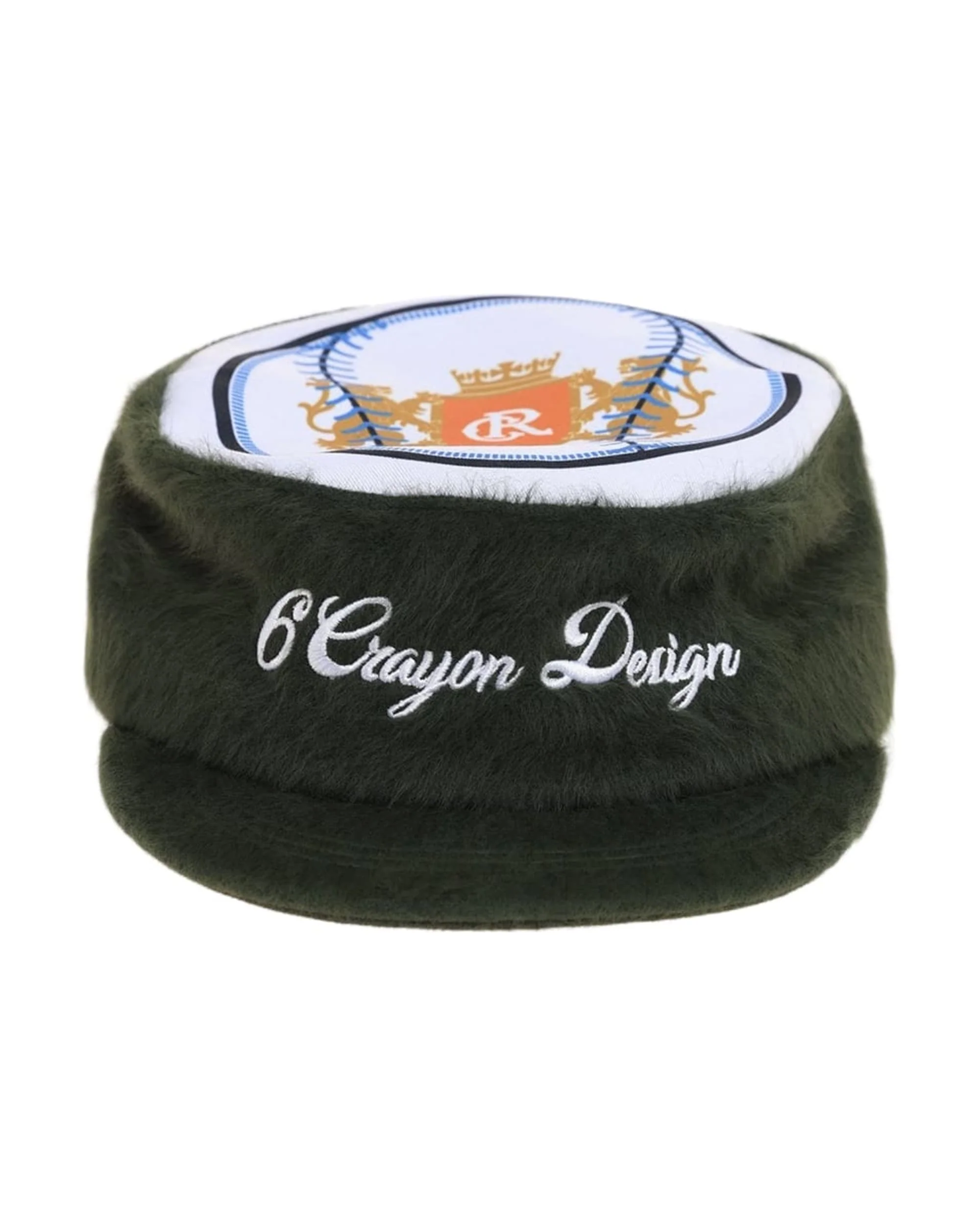 6CRAYON Flat Top Embroidered Rabbit Fur Olive Green Pa tchwork Baseball Cap - Image 6