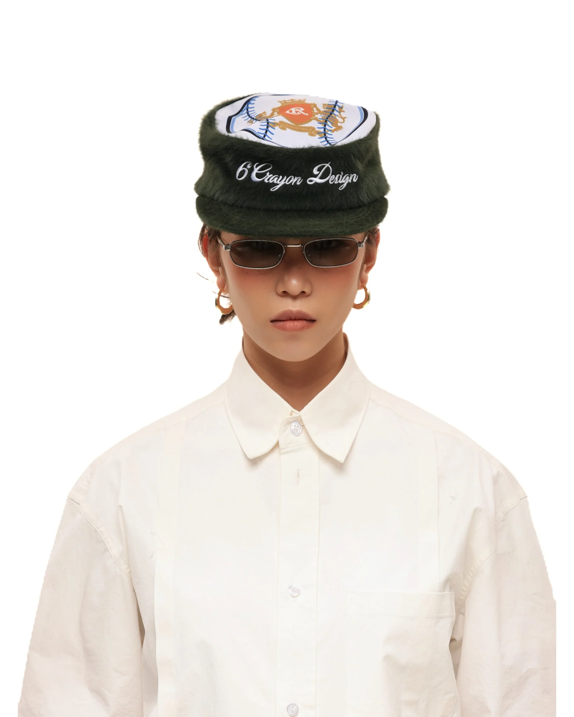 6CRAYON Flat Top Embroidered Rabbit Fur Olive Green Pa tchwork Baseball Cap - Image 7