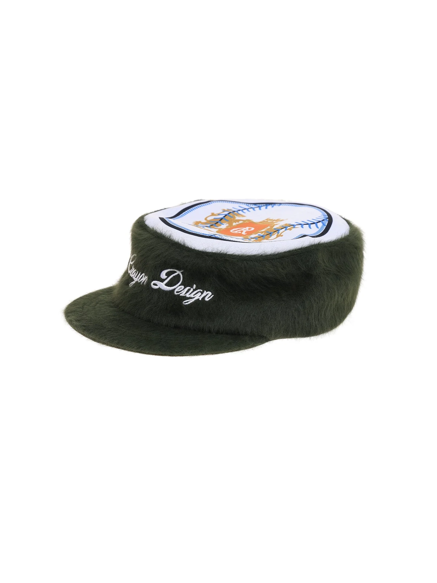 6CRAYON Flat Top Embroidered Rabbit Fur Olive Green Pa tchwork Baseball Cap - Image 8