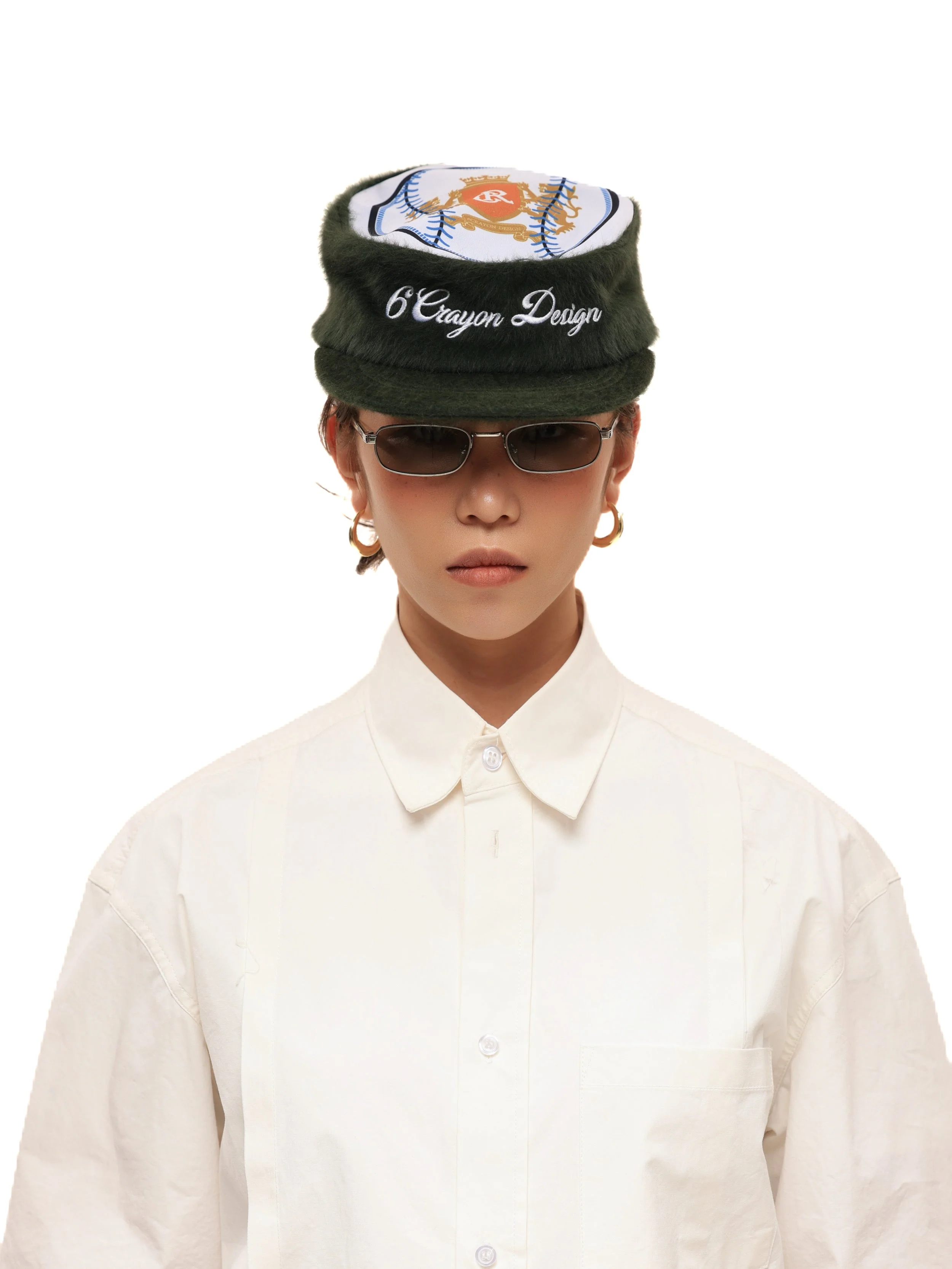 6CRAYON Flat Top Embroidered Rabbit Fur Olive Green Pa tchwork Baseball Cap - Image 9