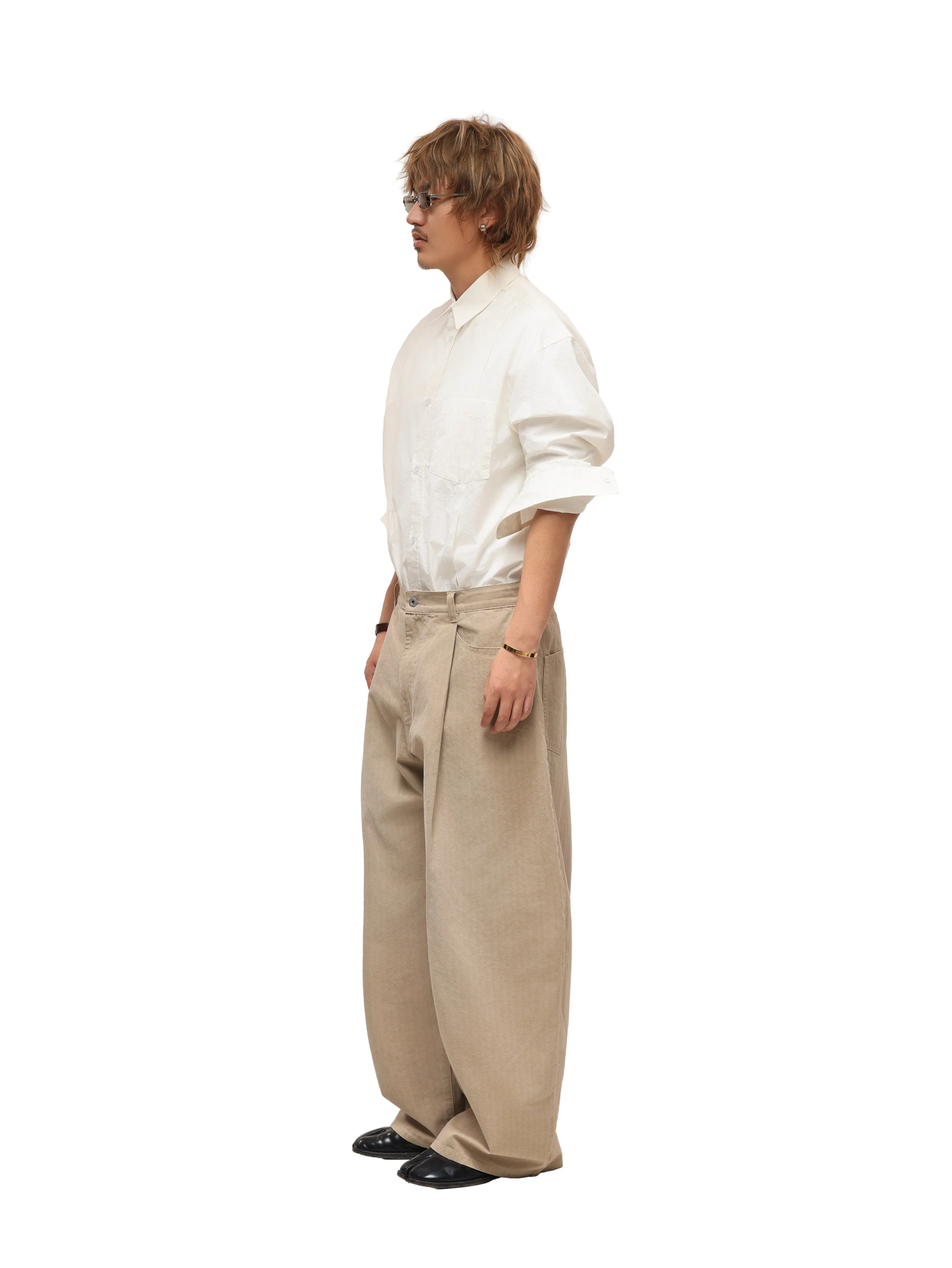 6CRAYON Khaki Classic Herringbone Washed Wide-Leg Trousers - Image 13