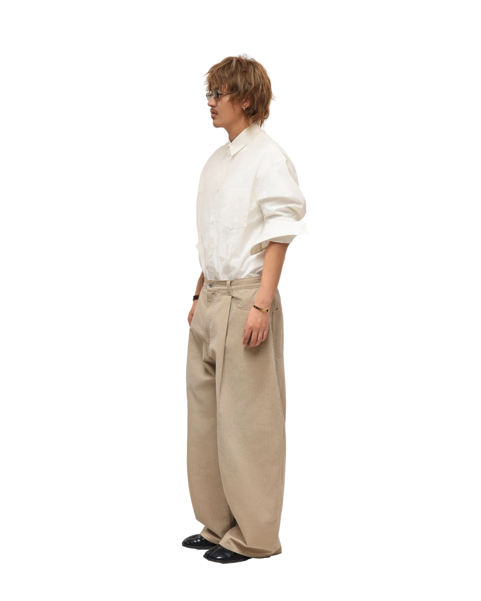 6CRAYON Khaki Classic Herringbone Washed Wide-Leg Trousers - Image 7