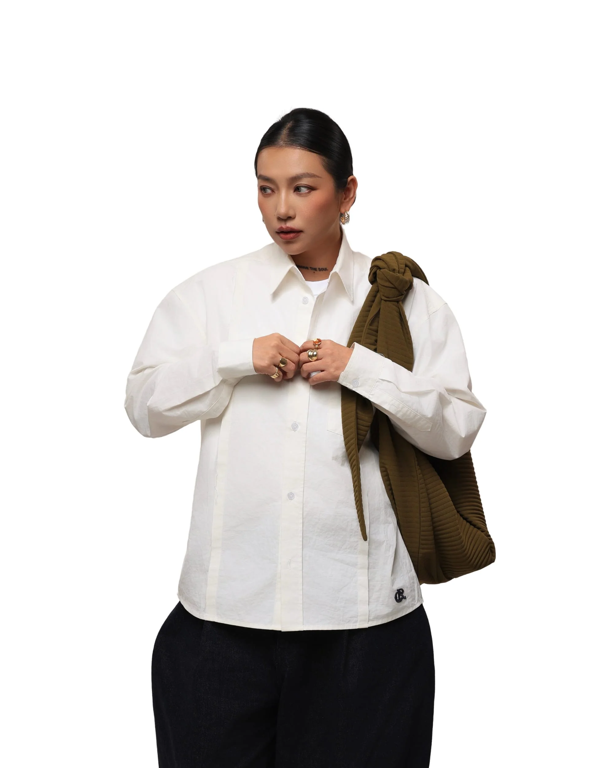 6CRAYON Patchwork Basic Beige Cotton Poplin Embroidered Shirt - Image 5