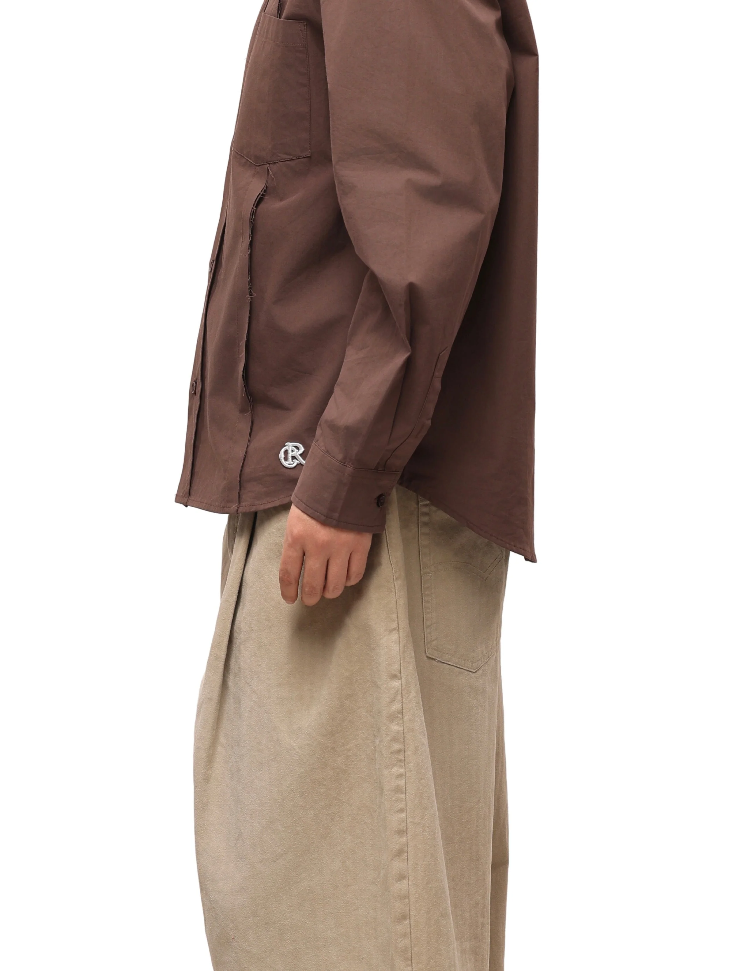 6CRAYON Patchwork Basic Brown Cotton Poplin Embroidered Shirt - Image 17