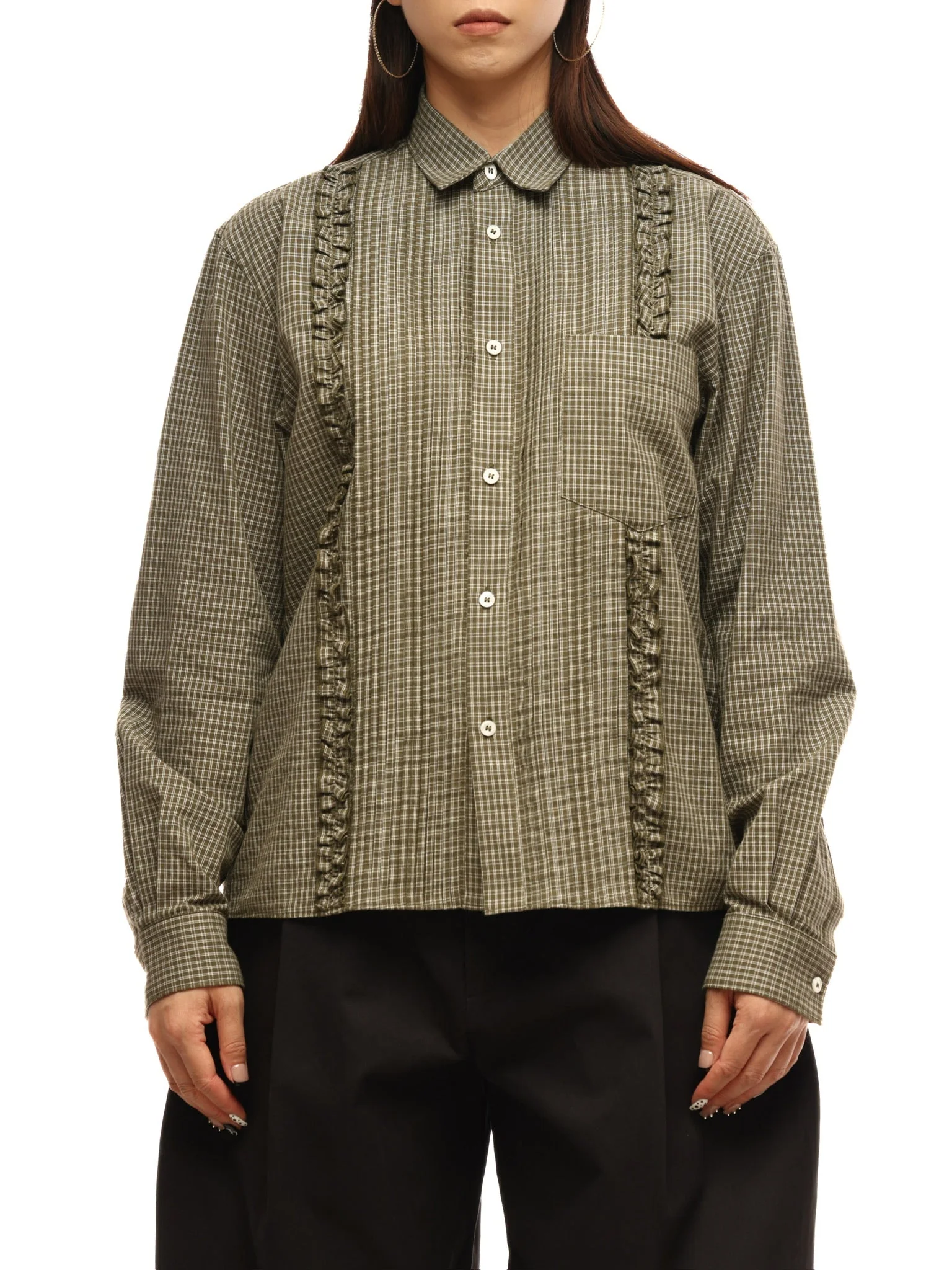 6CRAYON Retro Military Green Plaid Cotton Peplum Blouse - Image 10