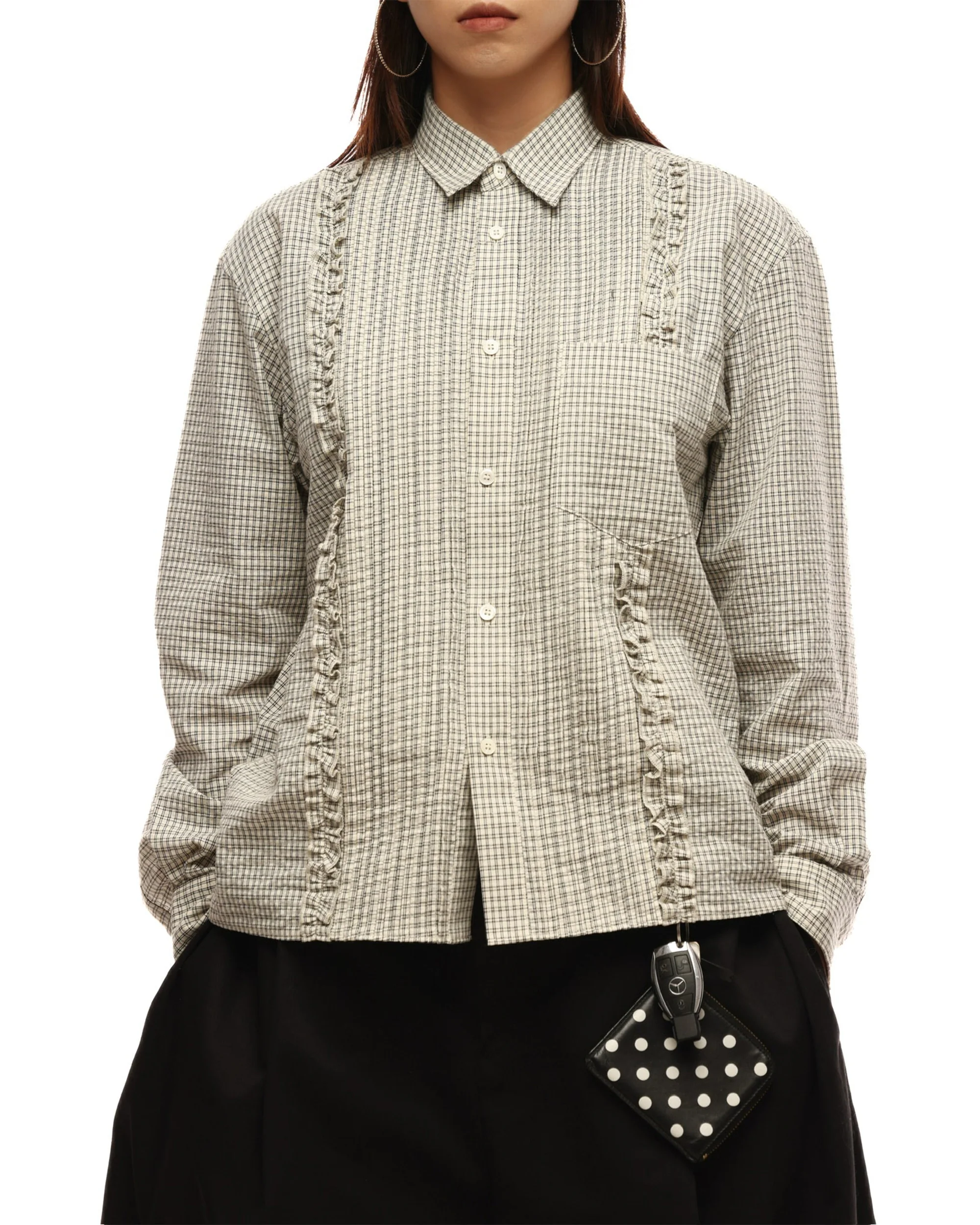 6CRAYON Retro Off-White Plaid Cotton Peplum Blouse - Image 4
