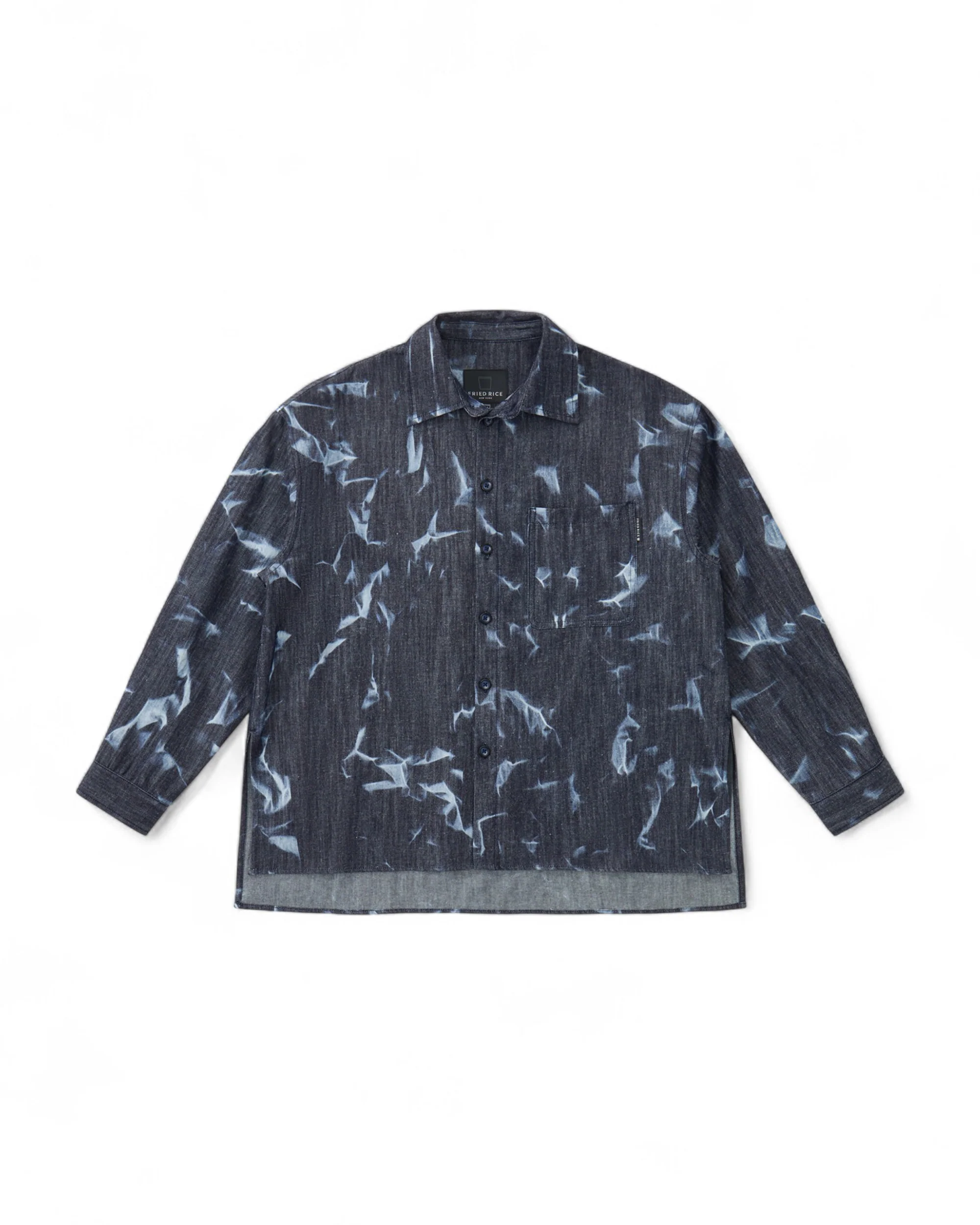 Abstract Indigo Button-Up Shirt – Washed Blue Pattern