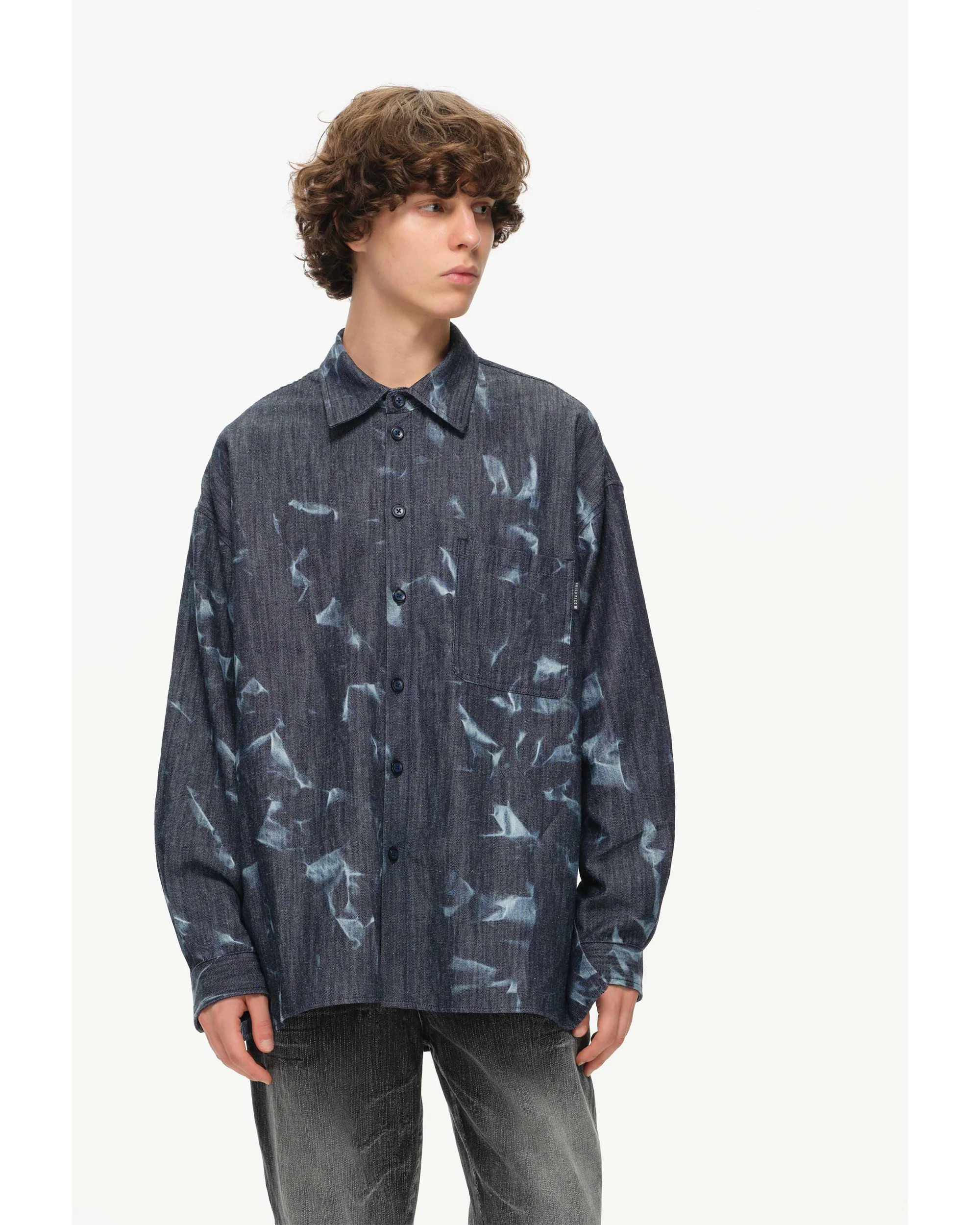 Abstract Indigo Button-Up Shirt – Washed Blue Pattern - Image 4