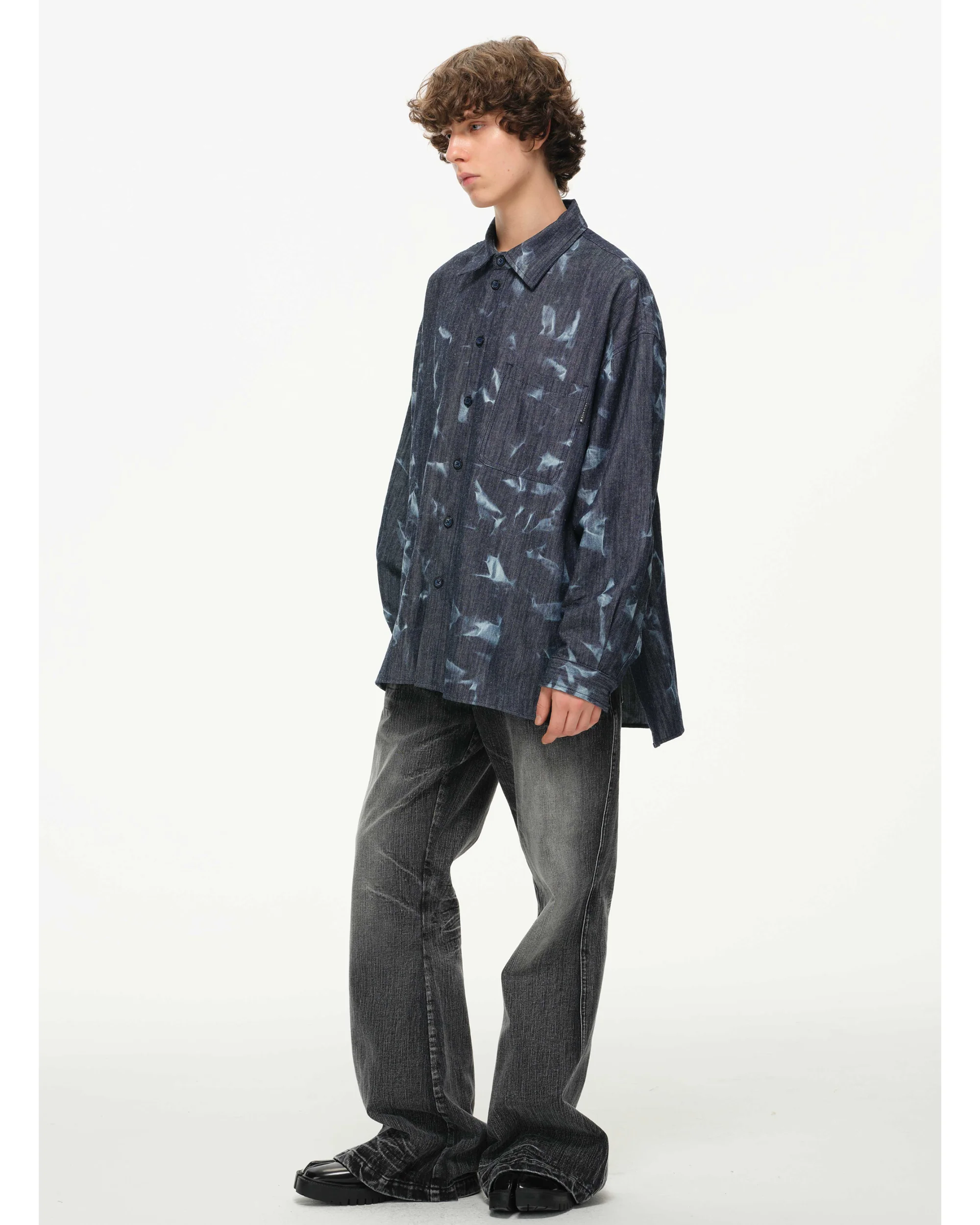 Abstract Indigo Button-Up Shirt – Washed Blue Pattern - Image 5
