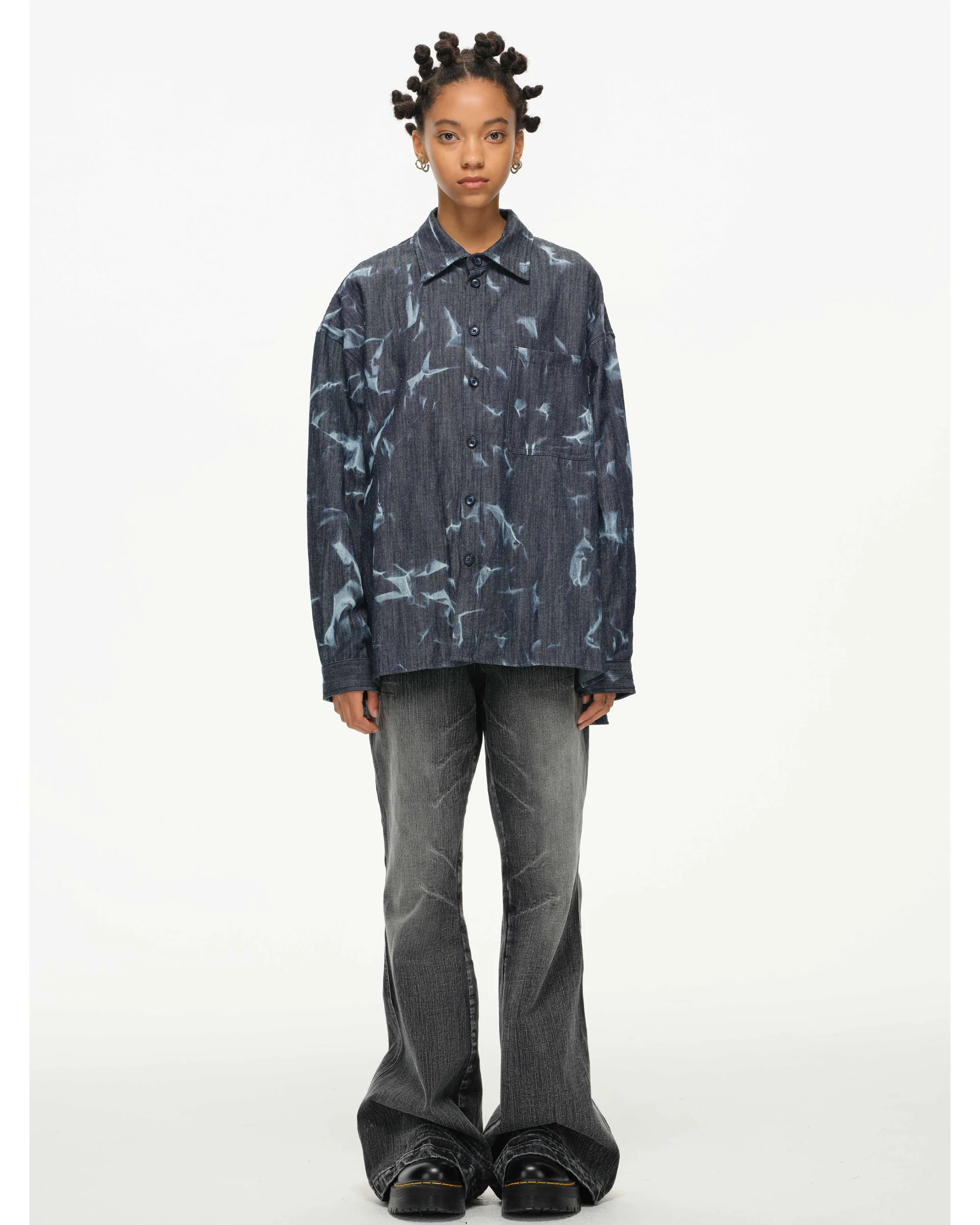 Abstract Indigo Button-Up Shirt – Washed Blue Pattern - Image 6