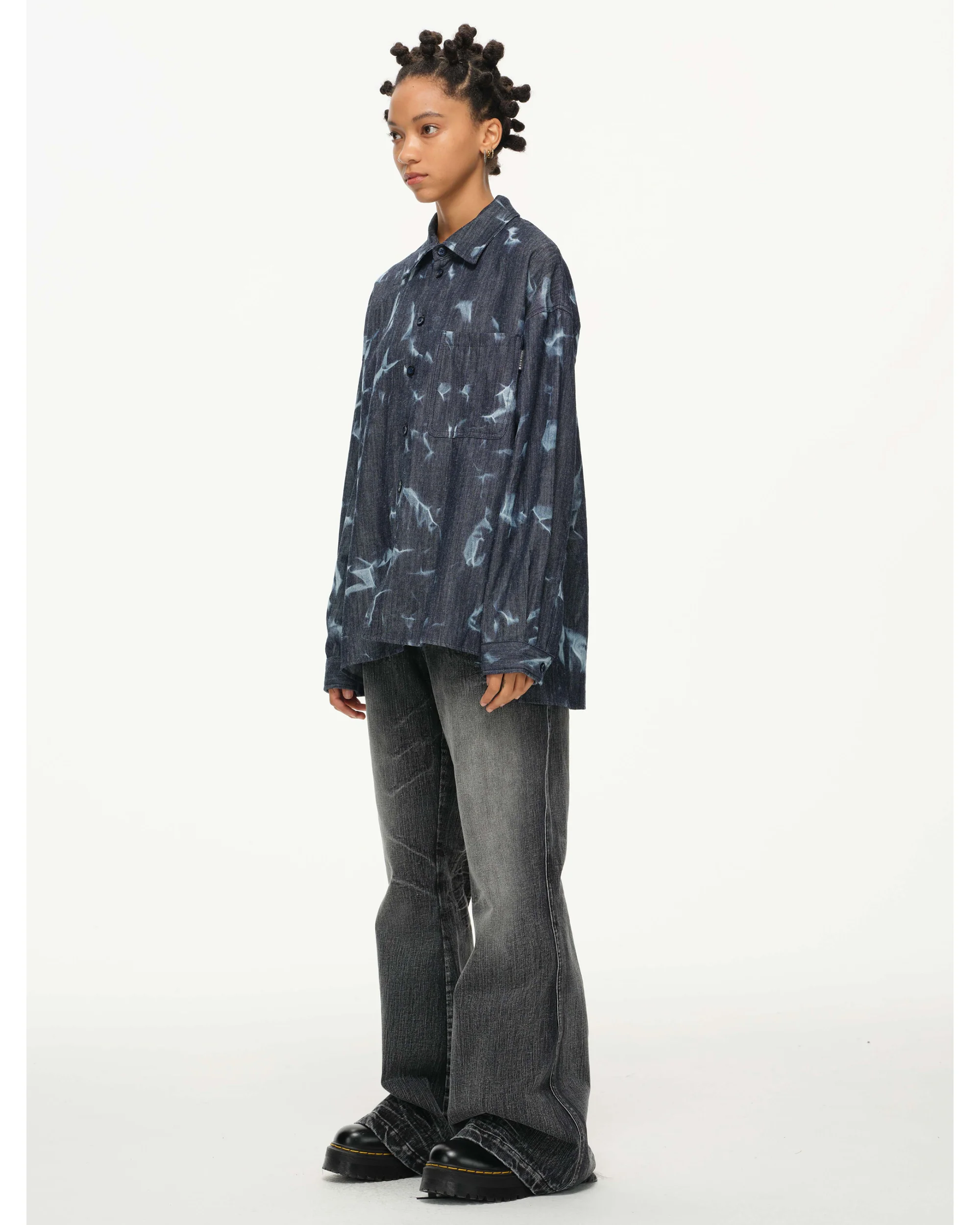Abstract Indigo Button-Up Shirt – Washed Blue Pattern - Image 7
