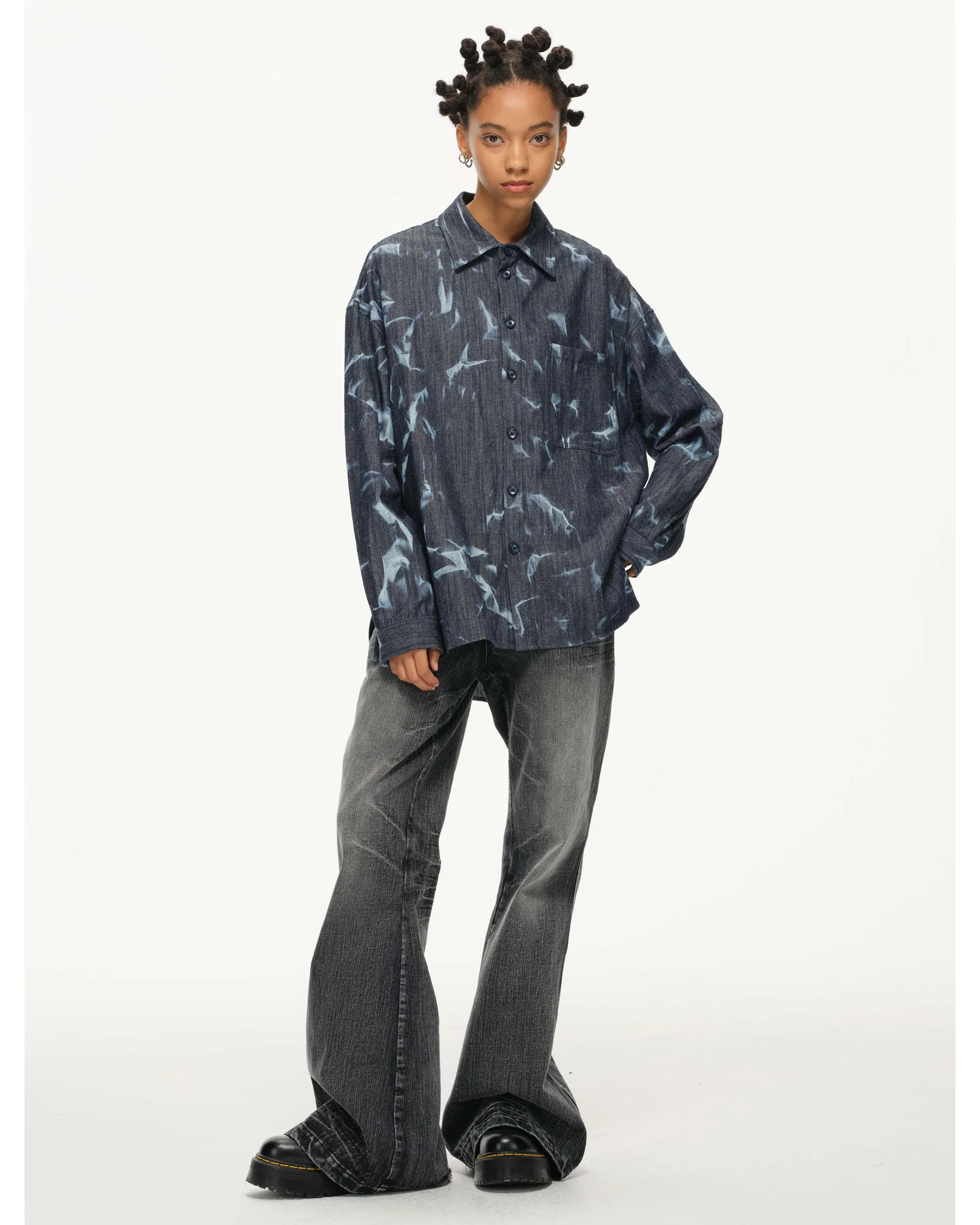 Abstract Indigo Button-Up Shirt – Washed Blue Pattern - Image 8