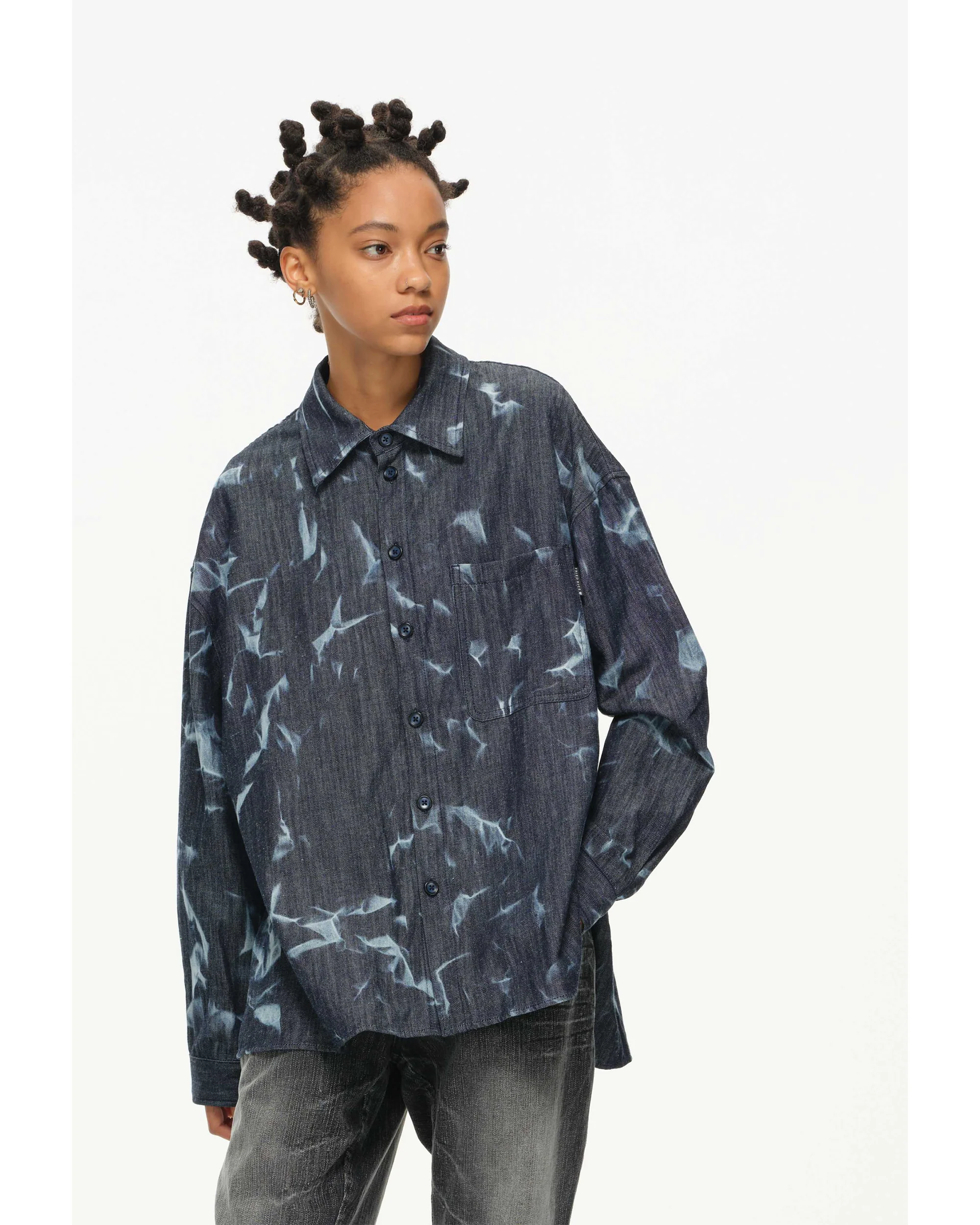 Abstract Indigo Button-Up Shirt – Washed Blue Pattern - Image 9