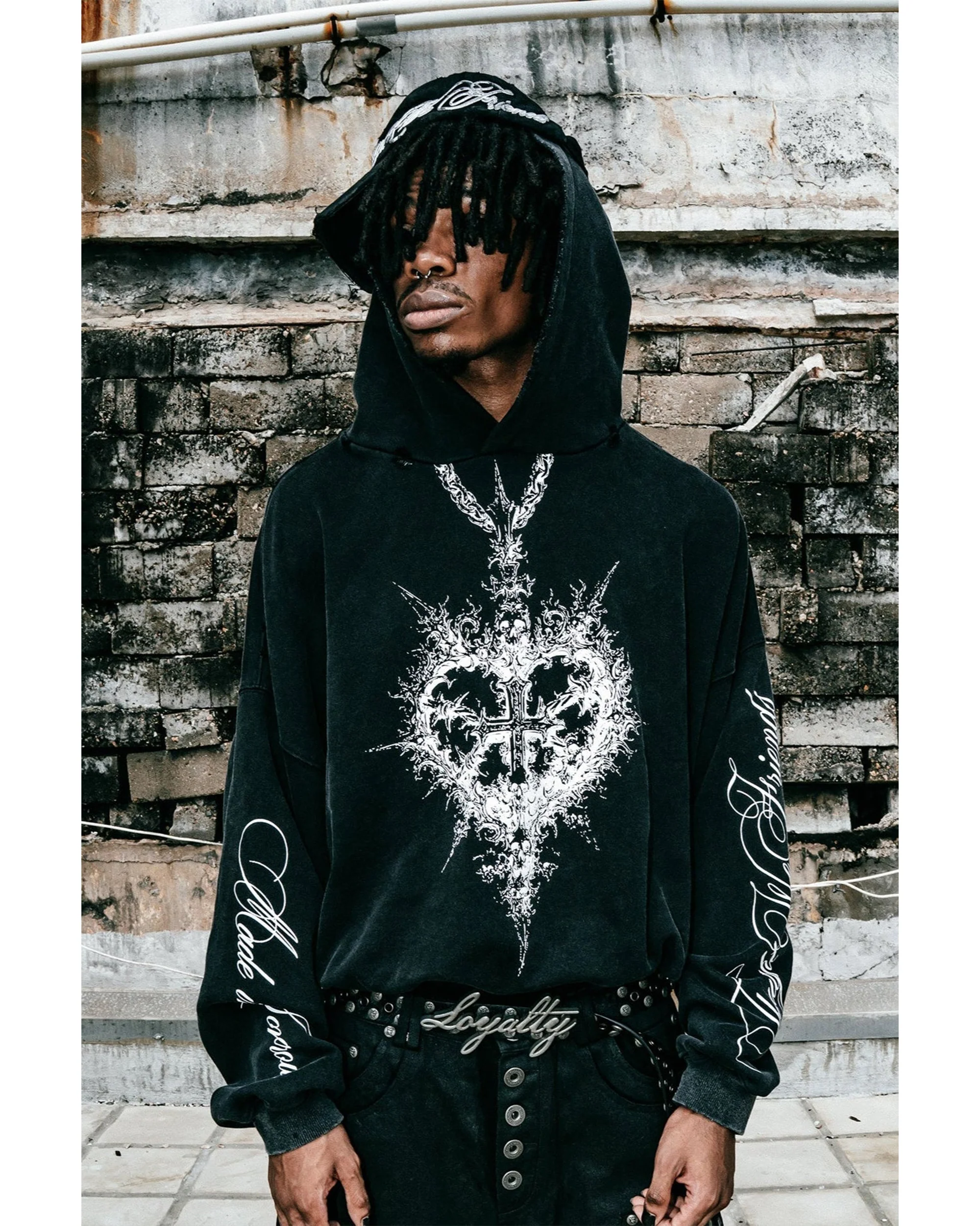 Alis Printed Necklace Hoodie in Washed Black - Image 2