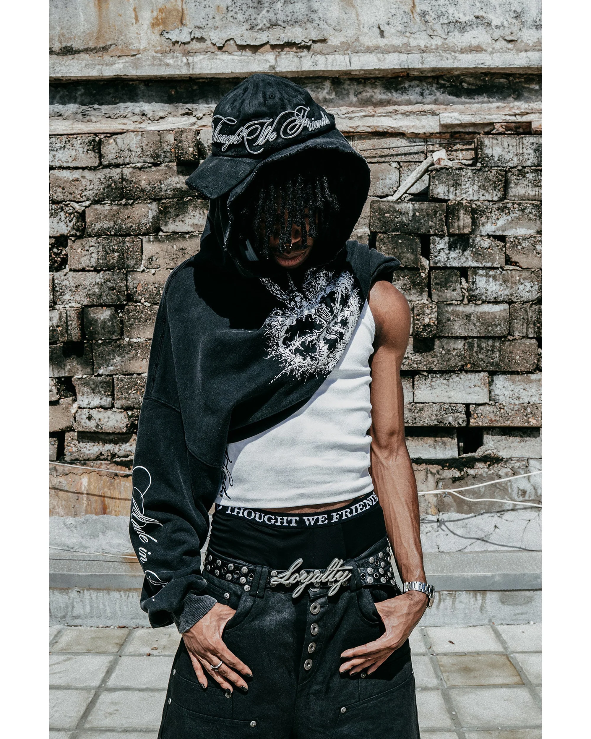 Alis Printed Necklace Hoodie in Washed Black - Image 3