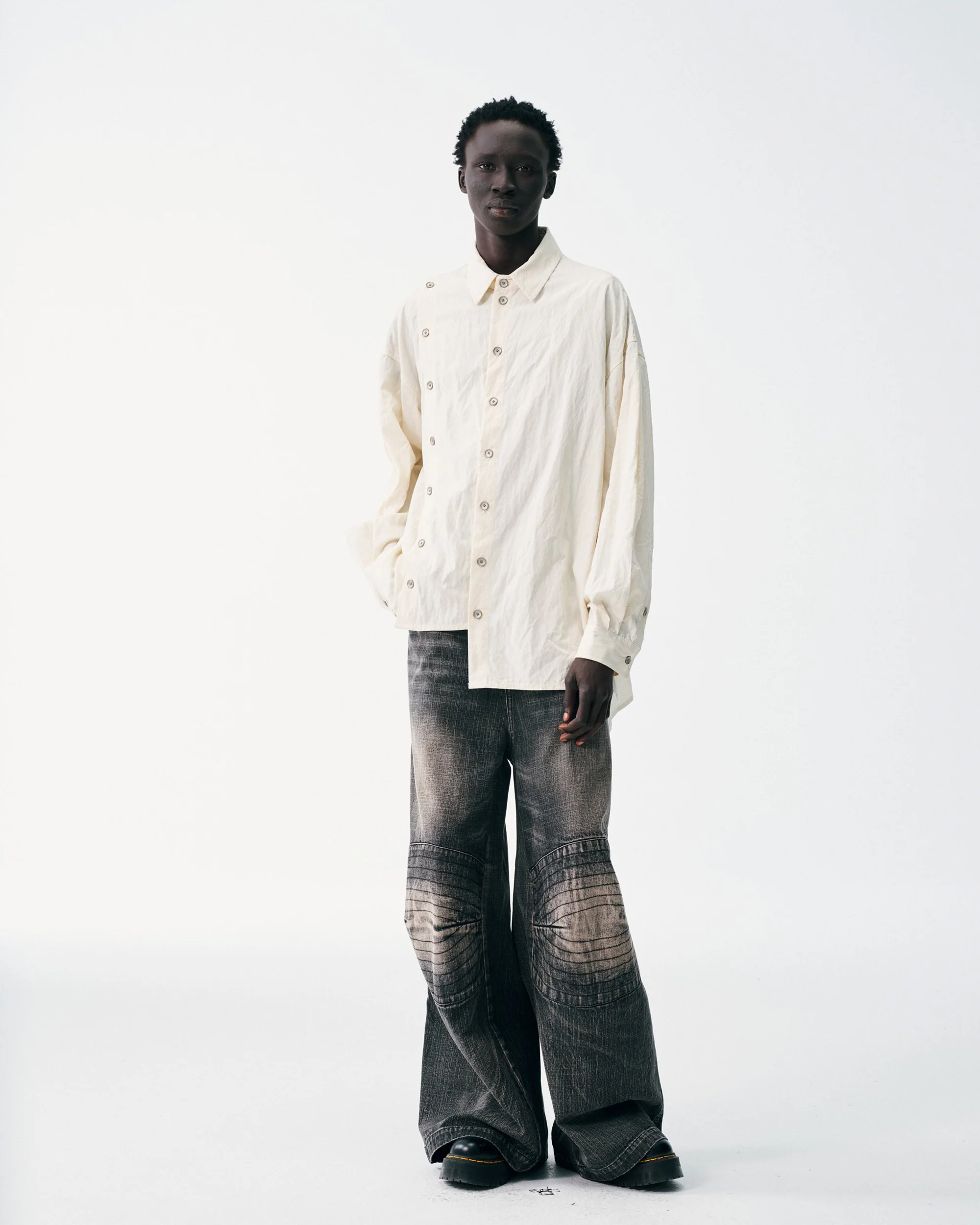 Asymmetrical Split Button Up - Creme - Image 3
