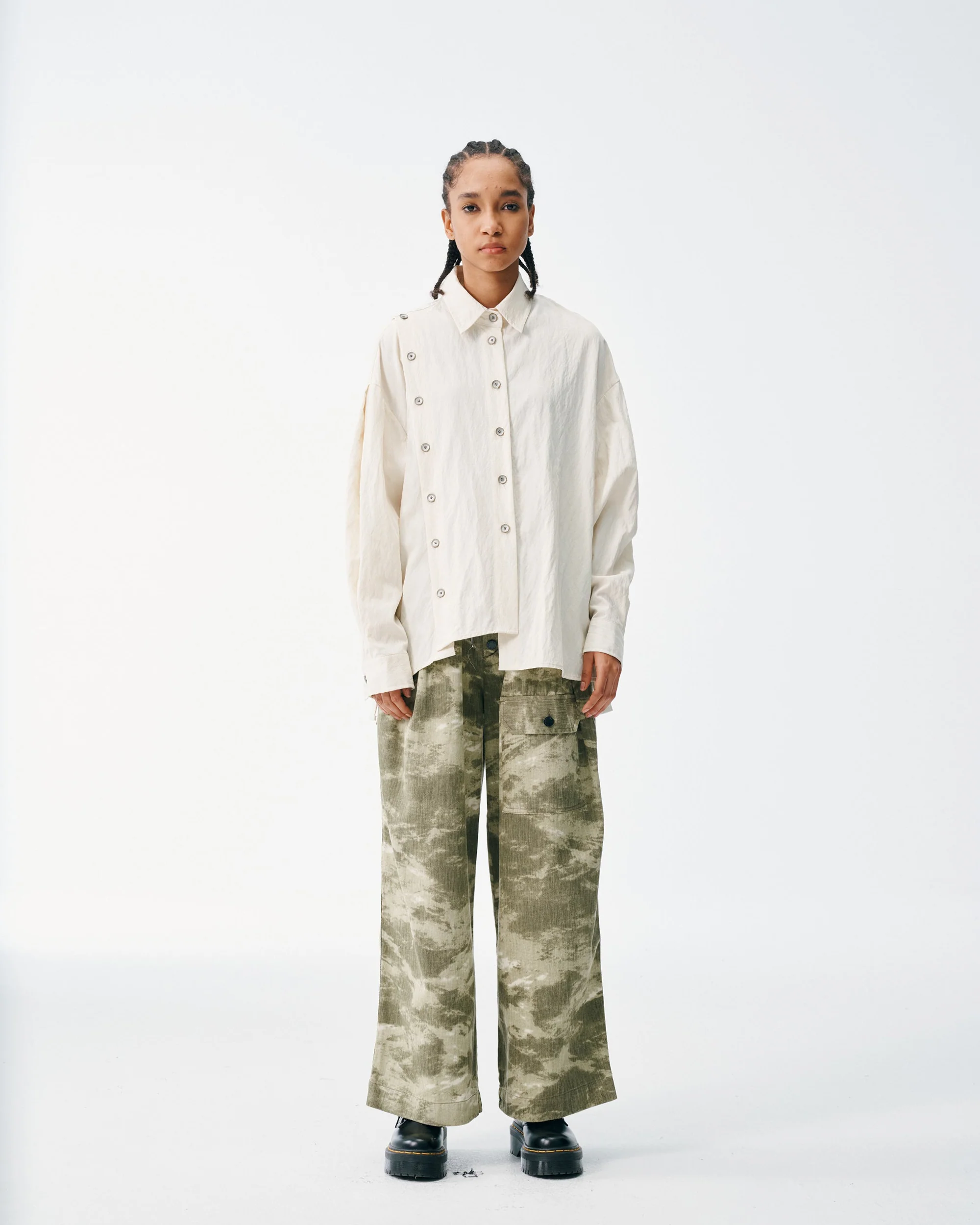 Asymmetrical Split Button Up - Creme - Image 6