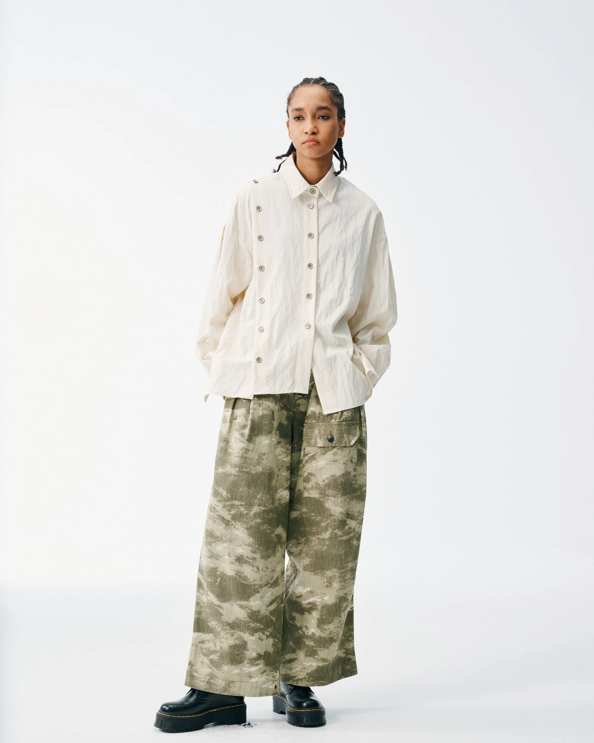 Asymmetrical Split Button Up - Creme - Image 8