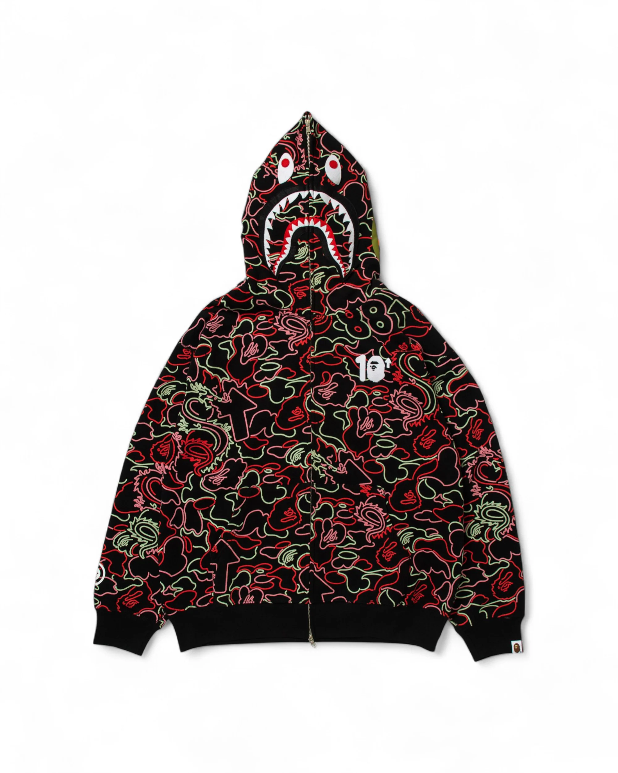 BAPE X 88RISING GLOW IN THE DARK CAMO SHARK FULL ZIP HOODIE - RED