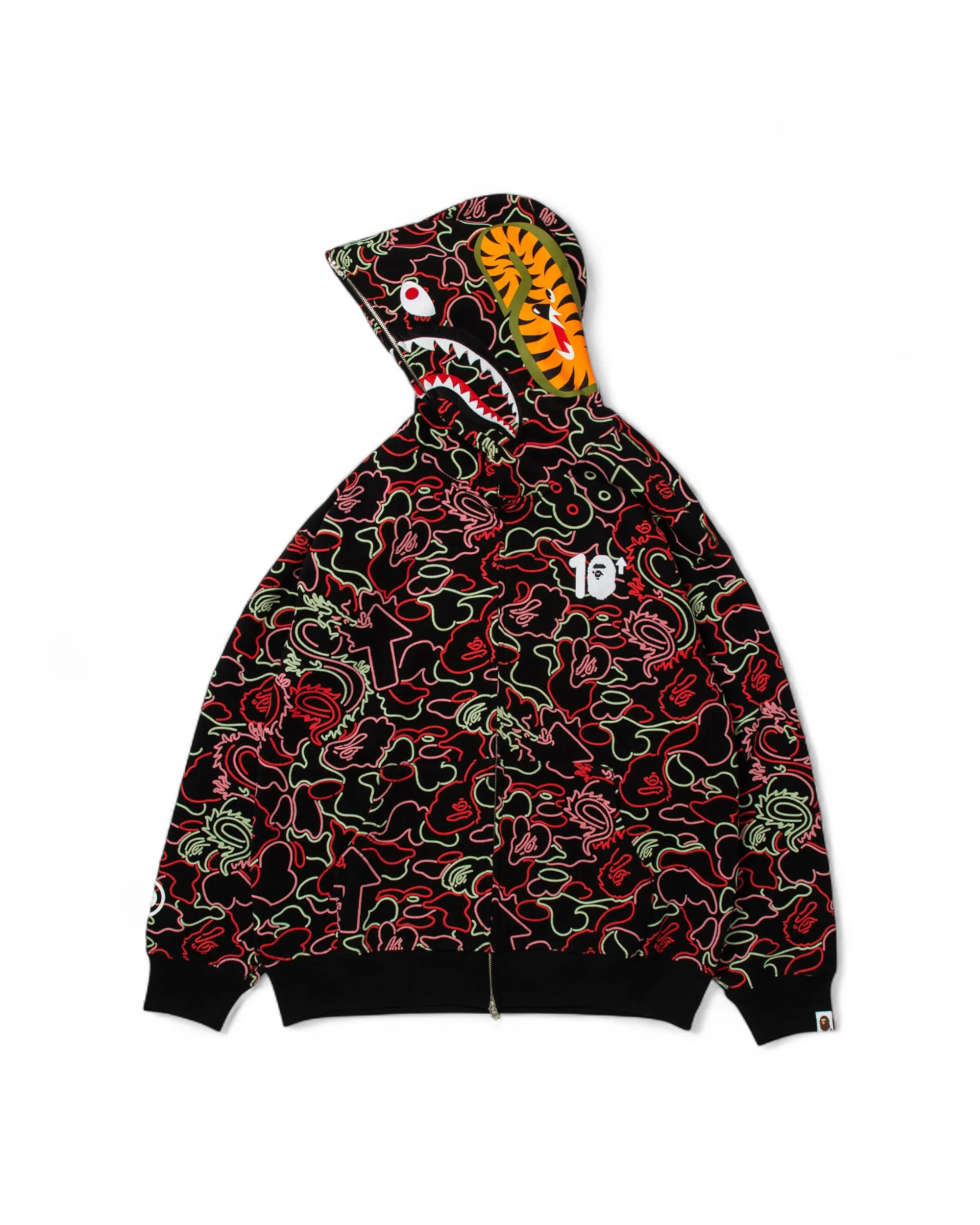 BAPE X 88RISING GLOW IN THE DARK CAMO SHARK FULL ZIP HOODIE - RED - Image 3