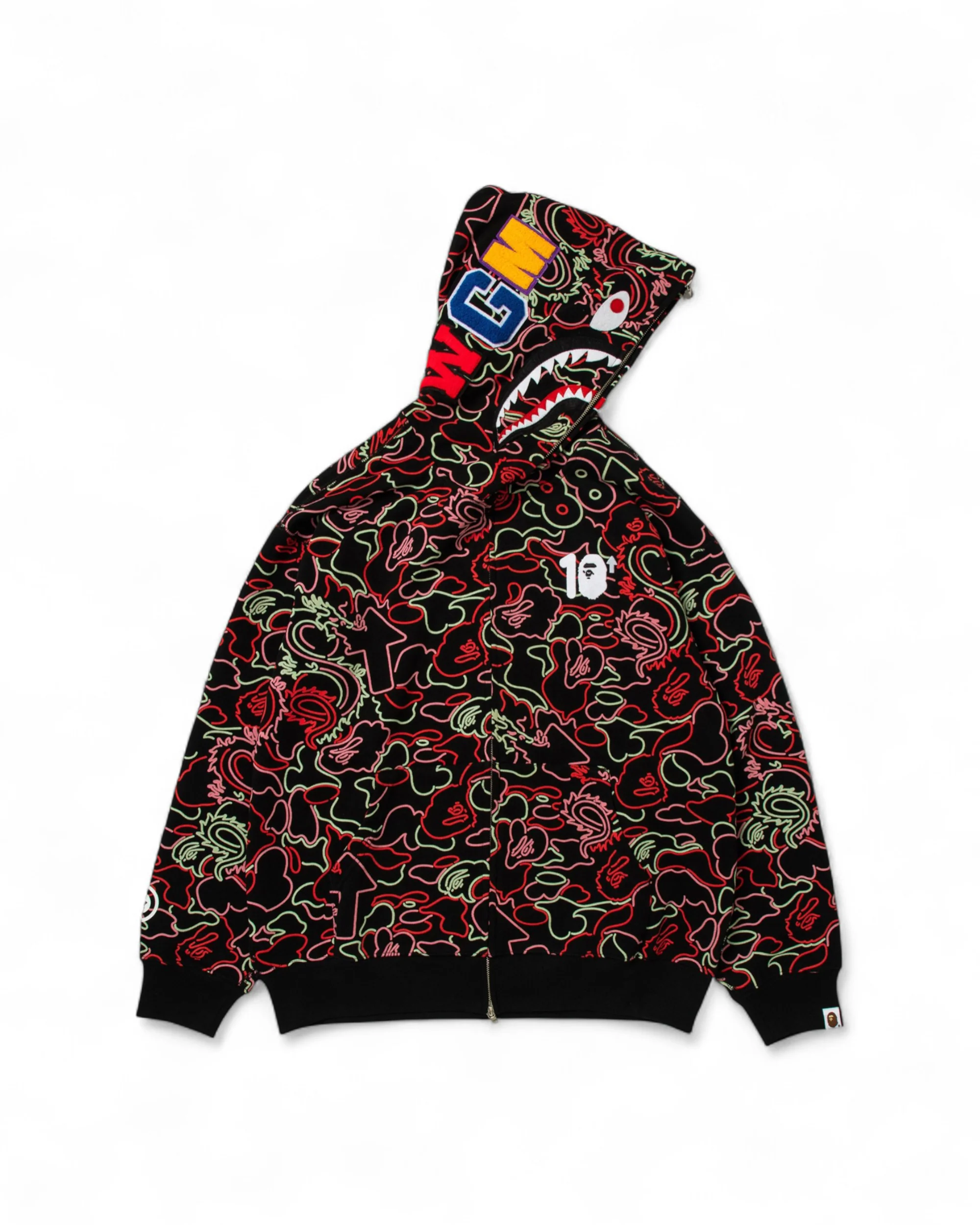 BAPE X 88RISING GLOW IN THE DARK CAMO SHARK FULL ZIP HOODIE - RED - Image 4