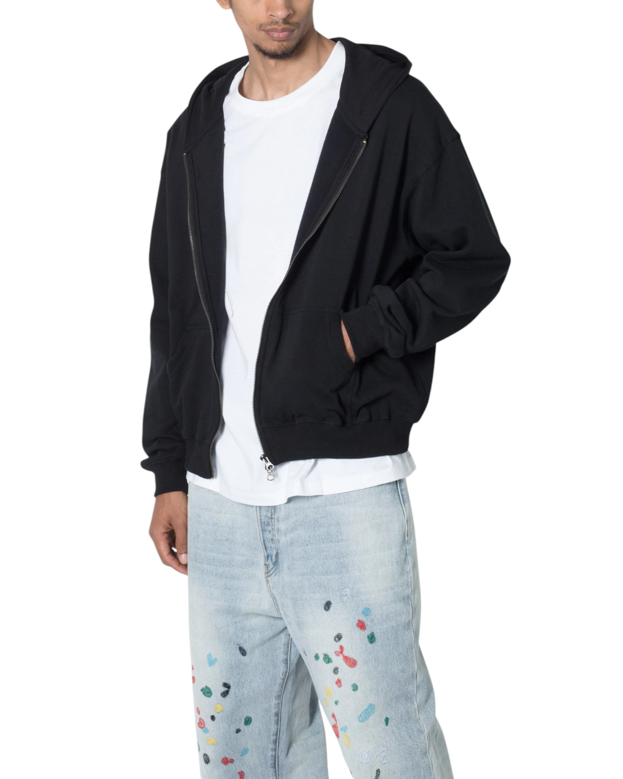 Basic Zip Up Hoodie - Black - Image 5