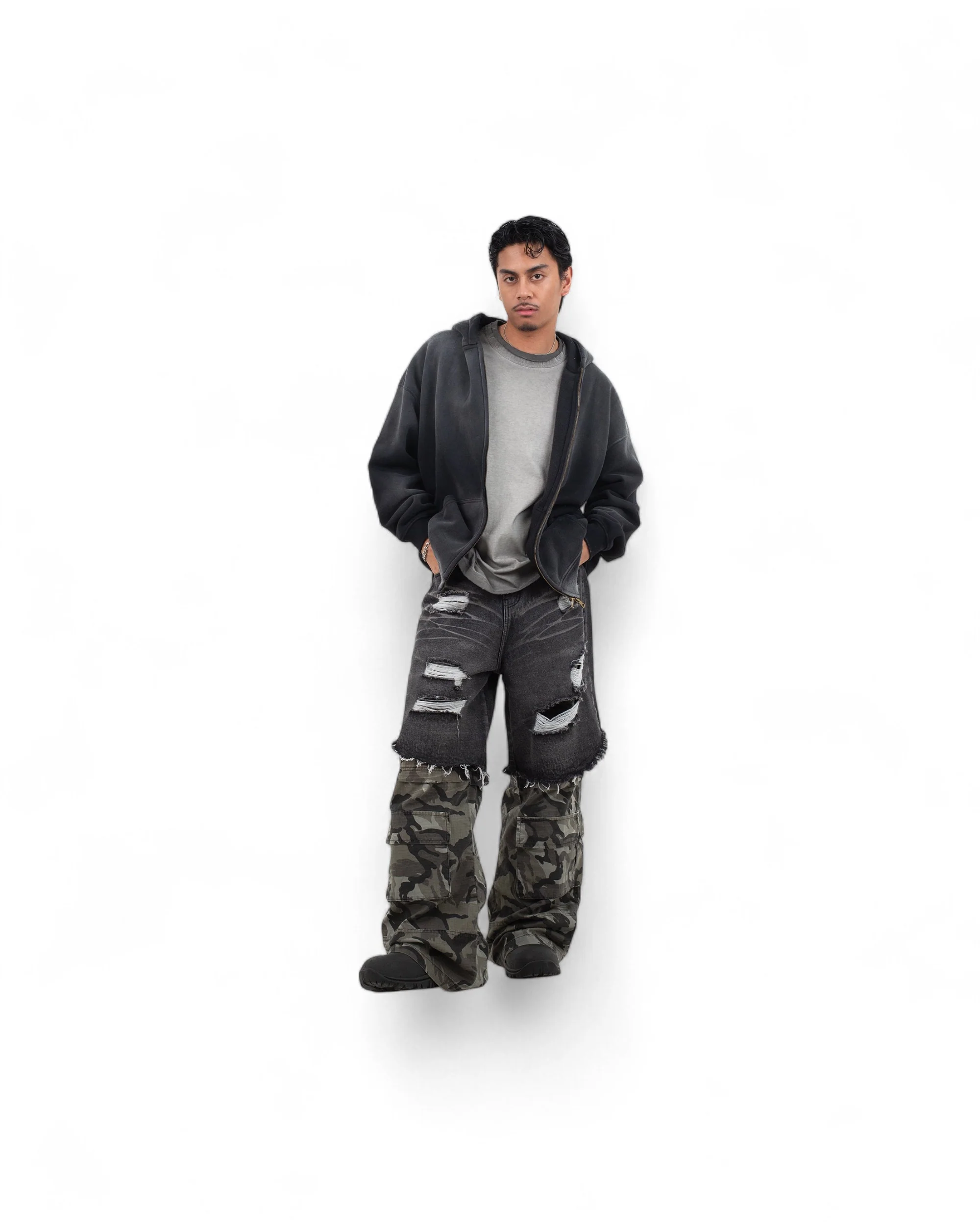 BLACK CAMO DOUBLE LAYERED BAGGY PANTS - Image 3