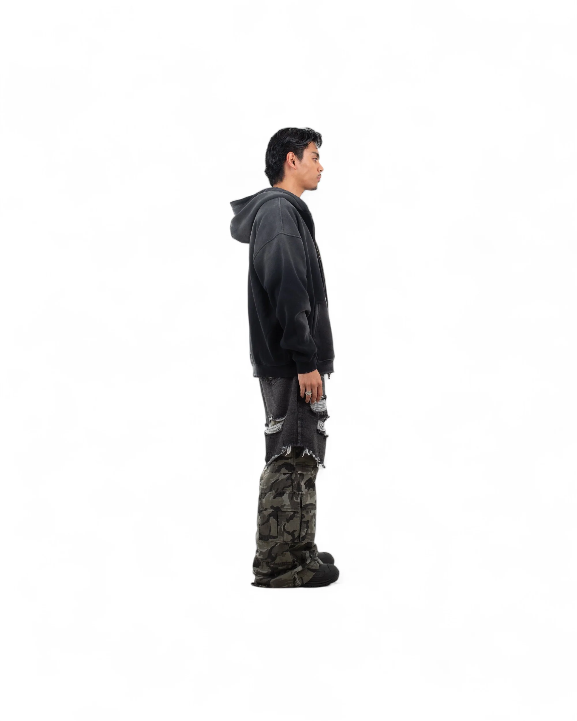 BLACK CAMO DOUBLE LAYERED BAGGY PANTS - Image 4