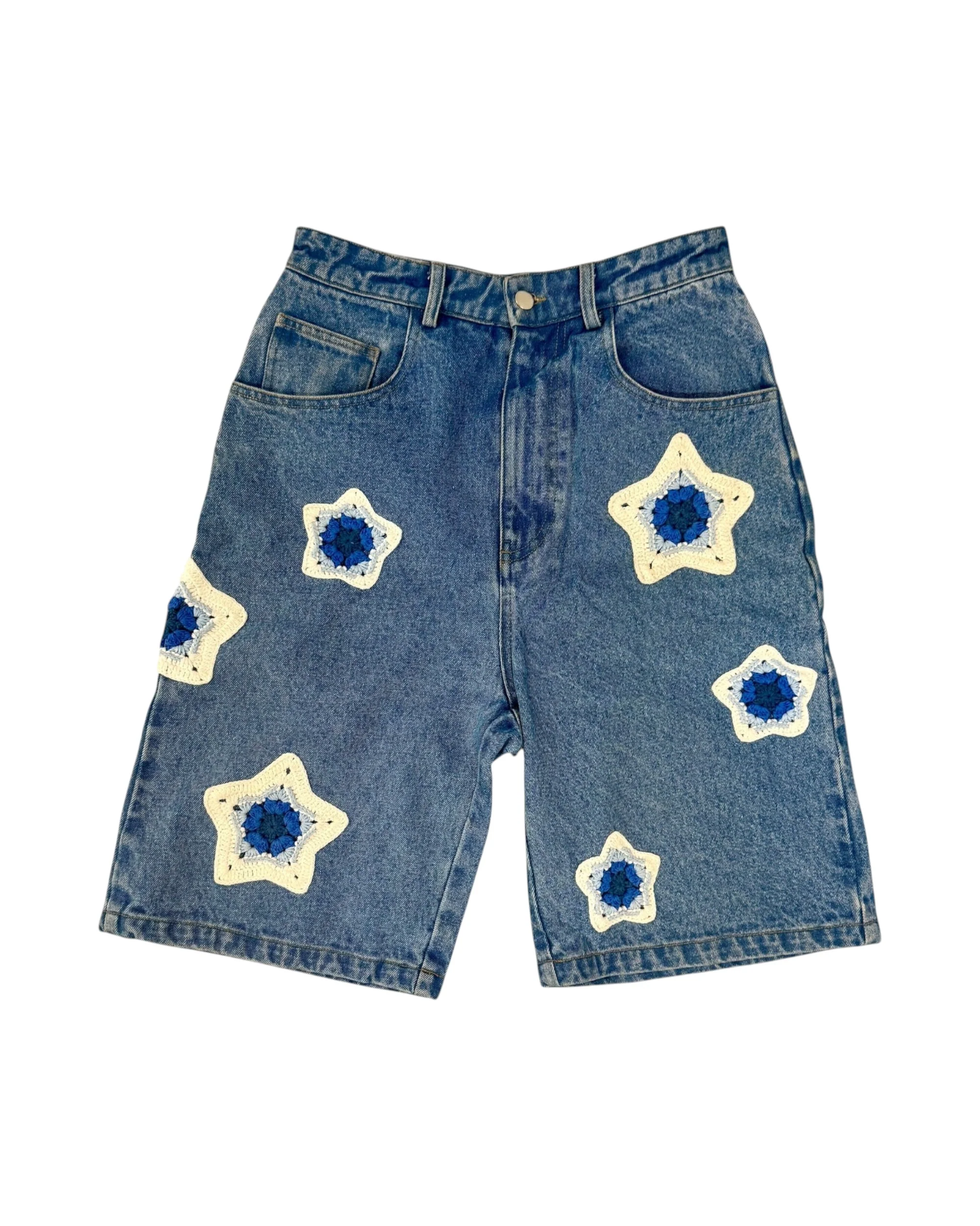 Blue Star Crochet Patch Denim Shorts