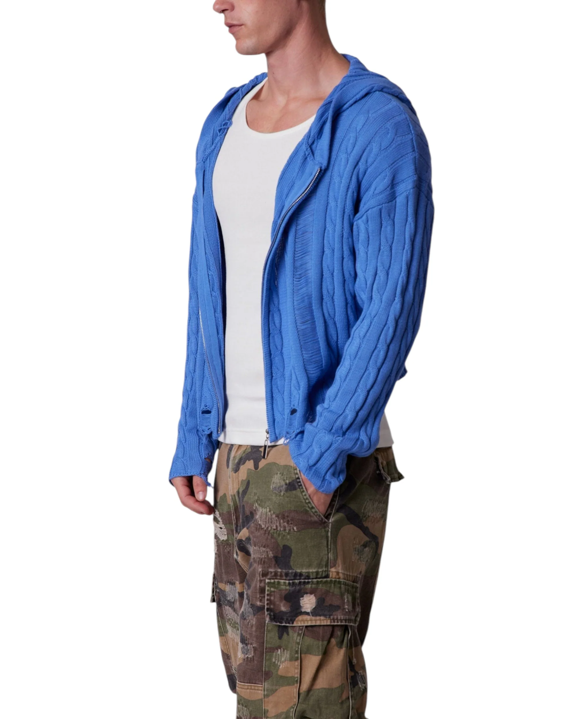 Cable Knit Hooded Sweater - Washed Blue - Image 4