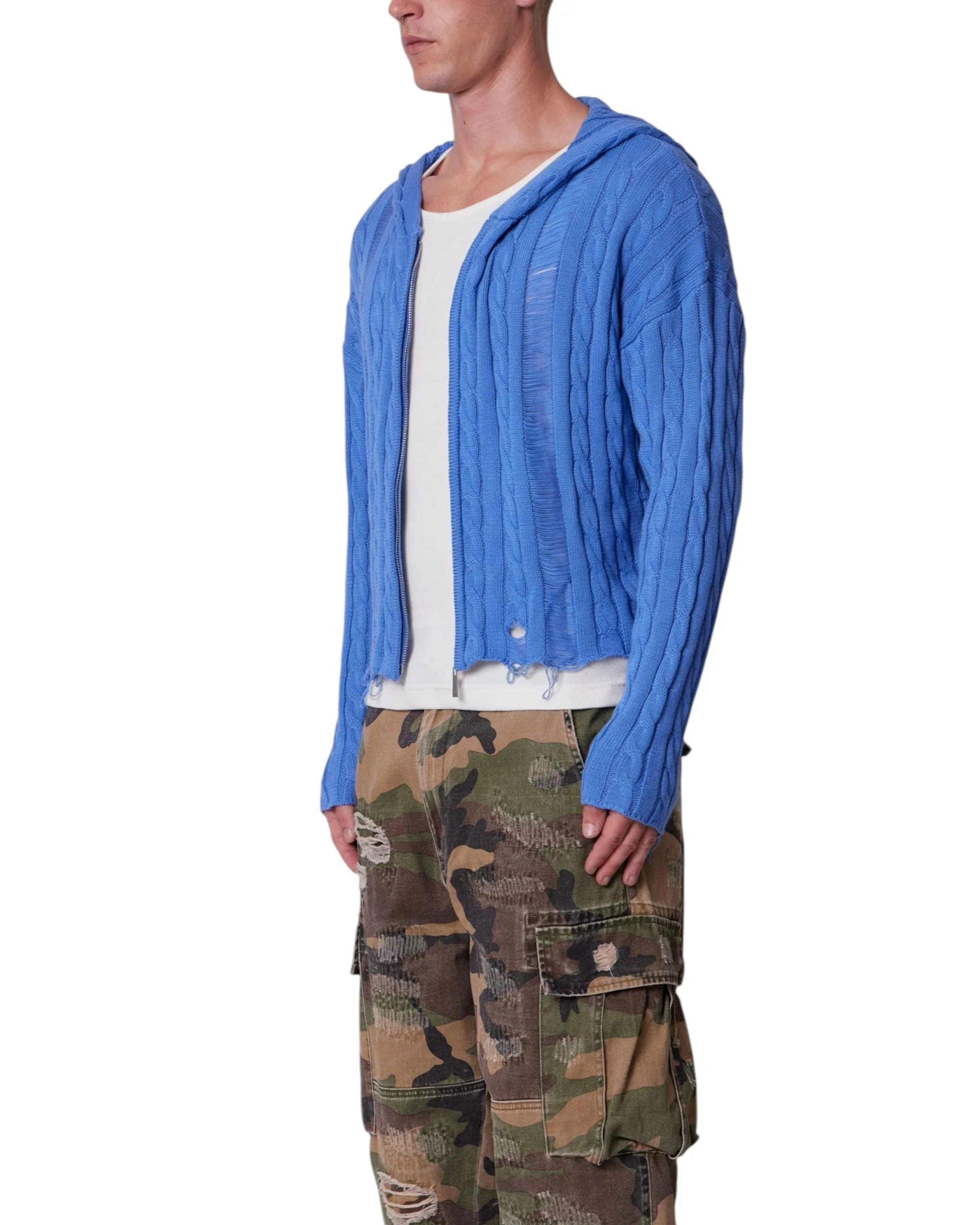 Cable Knit Hooded Sweater - Washed Blue - Image 5