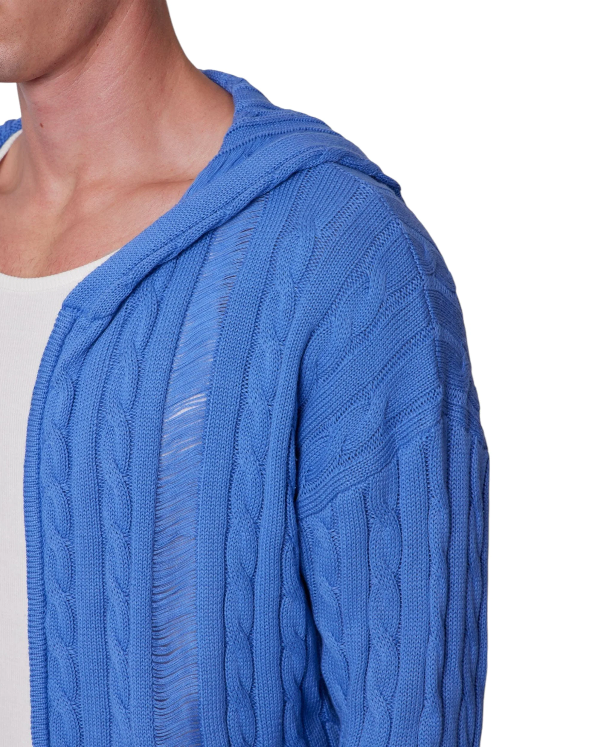 Cable Knit Hooded Sweater - Washed Blue - Image 7