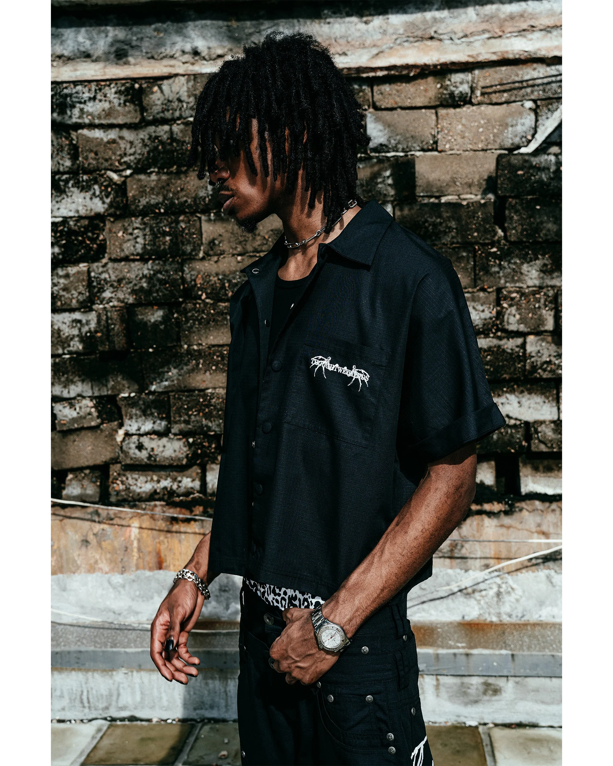 Cassian Embroidered Work Shirt in Black - Image 4