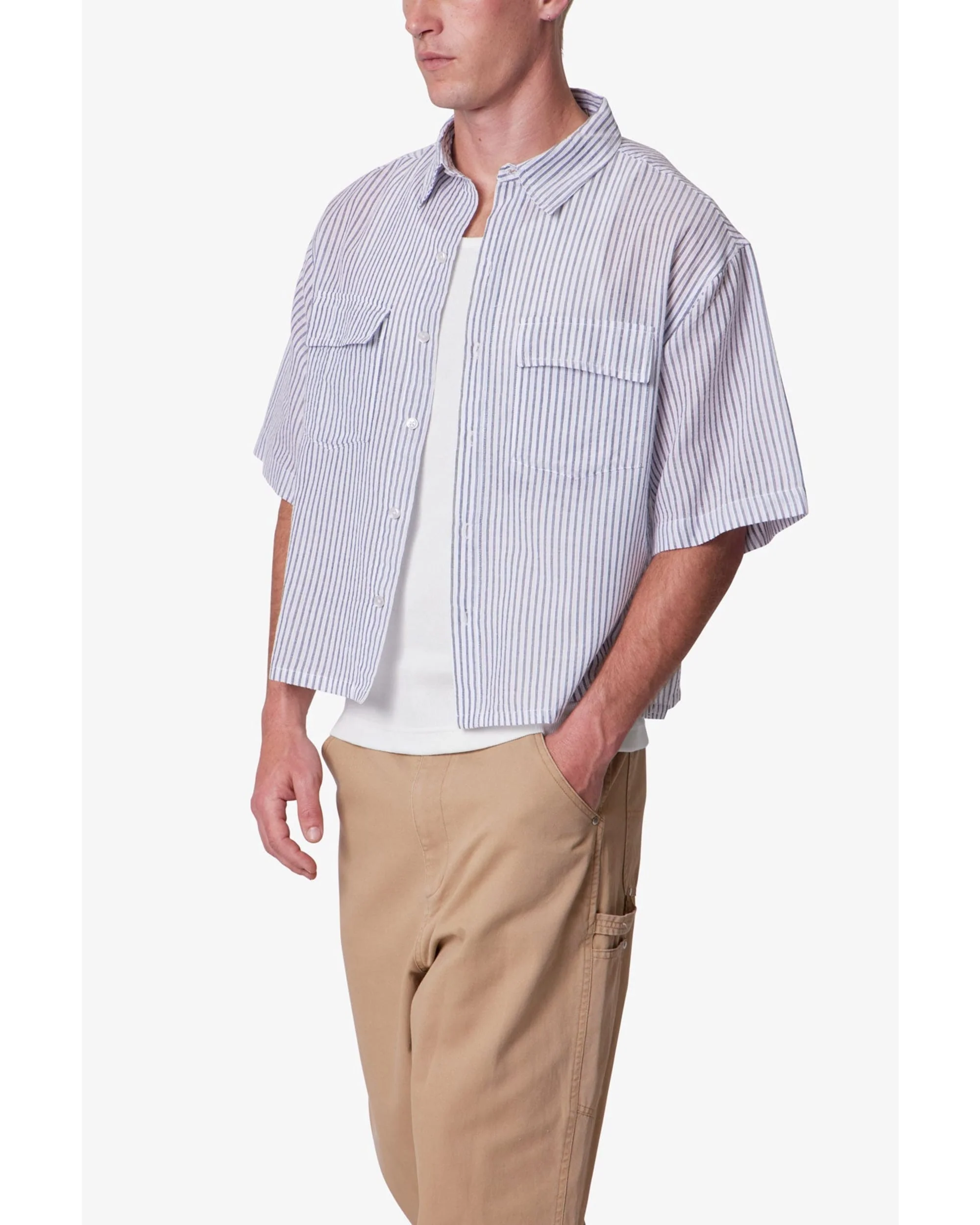 Cropped Boxy Striped S/S Shirt - Blue - Image 4