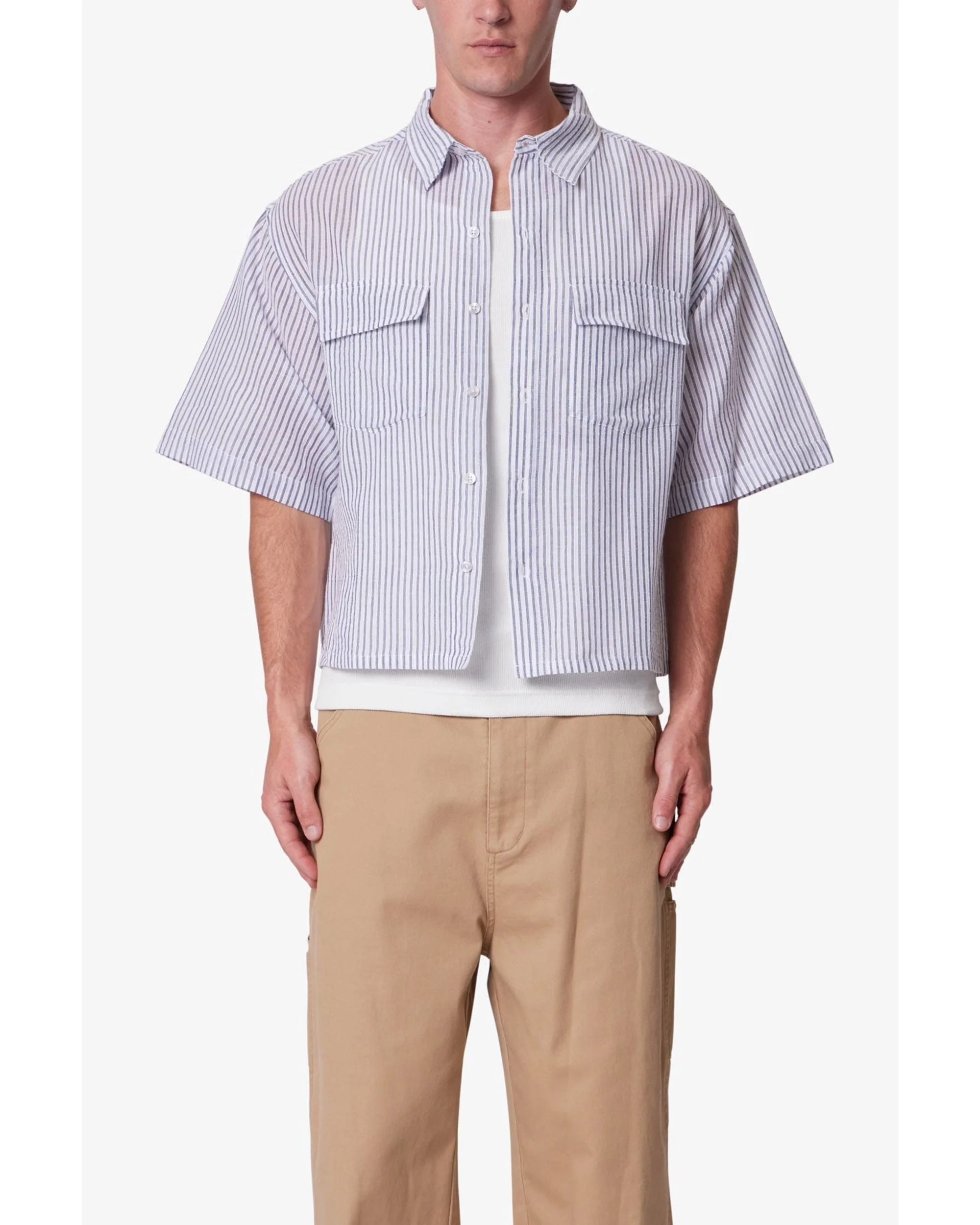 Cropped Boxy Striped S/S Shirt - Blue - Image 8