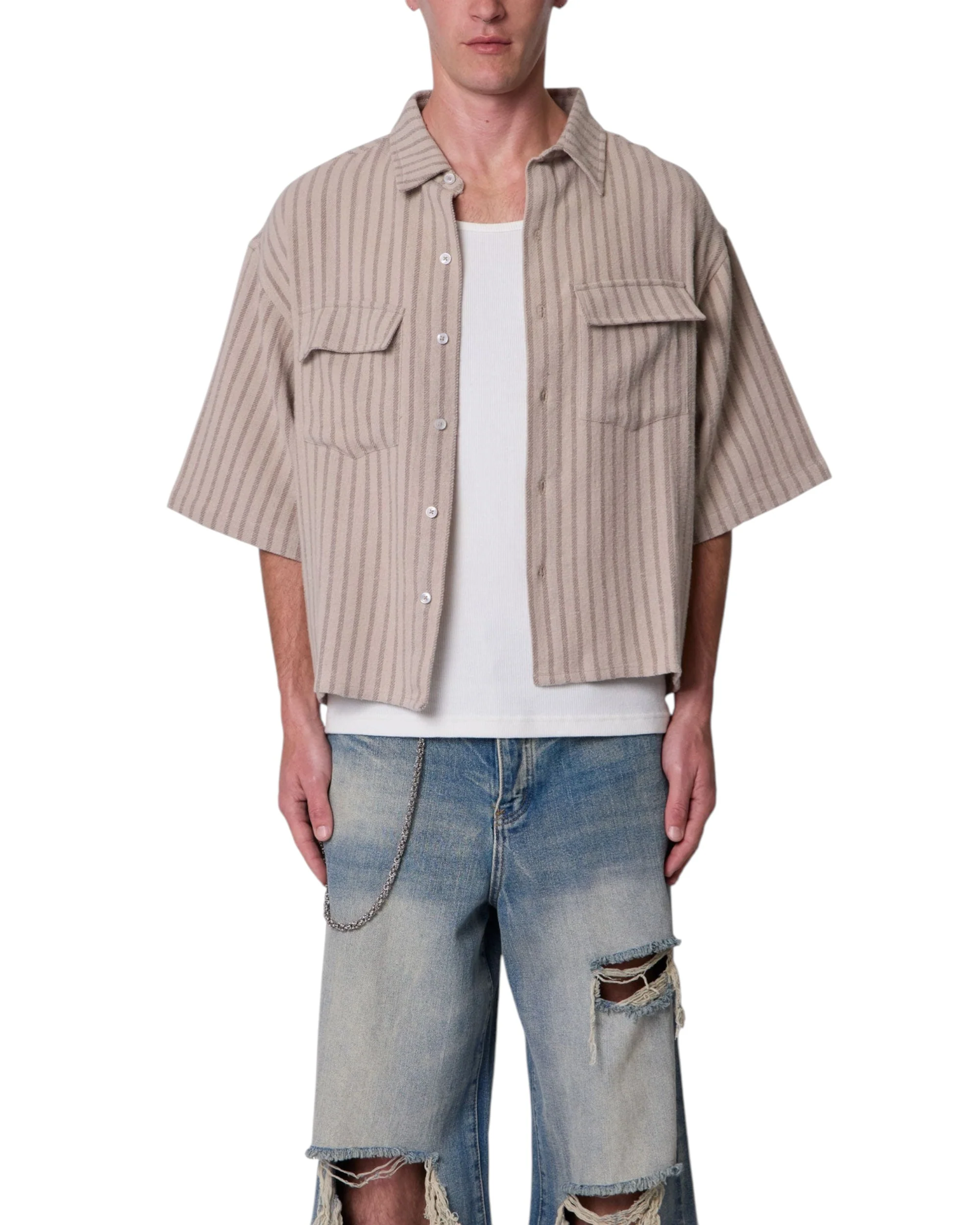 Cropped Boxy Striped S/S Shirt - Khaki - Image 2