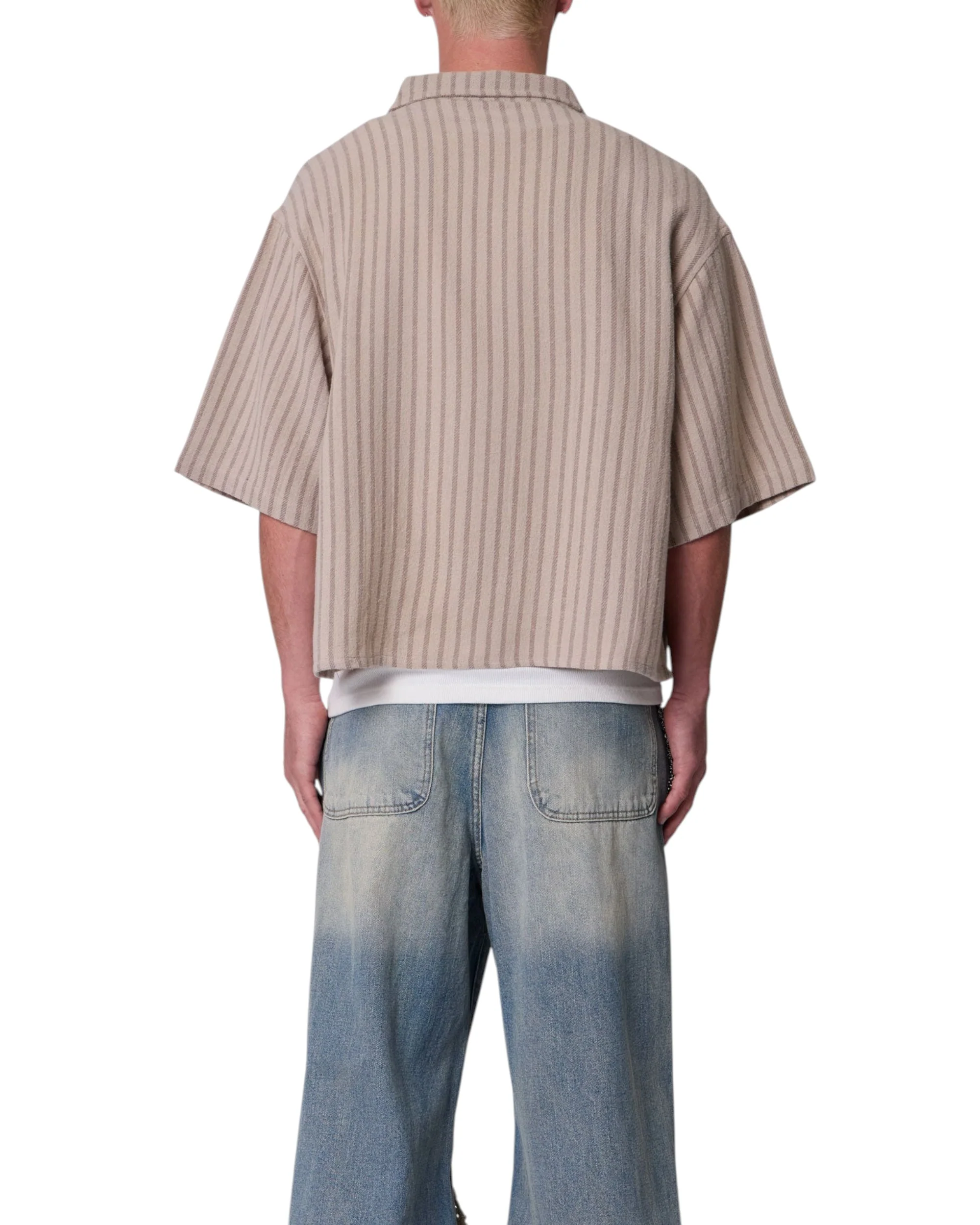 Cropped Boxy Striped S/S Shirt - Khaki - Image 3