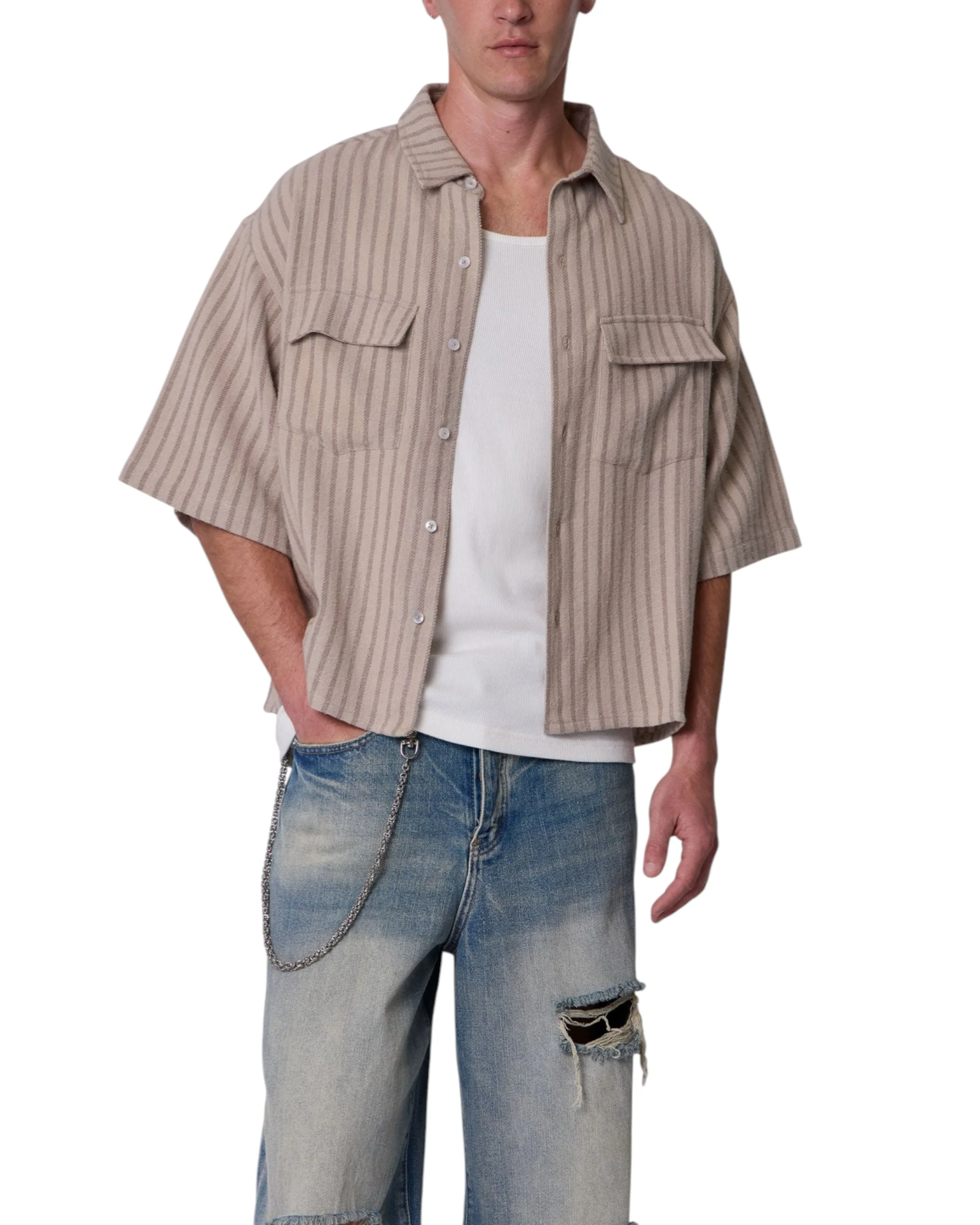 Cropped Boxy Striped S/S Shirt - Khaki - Image 4