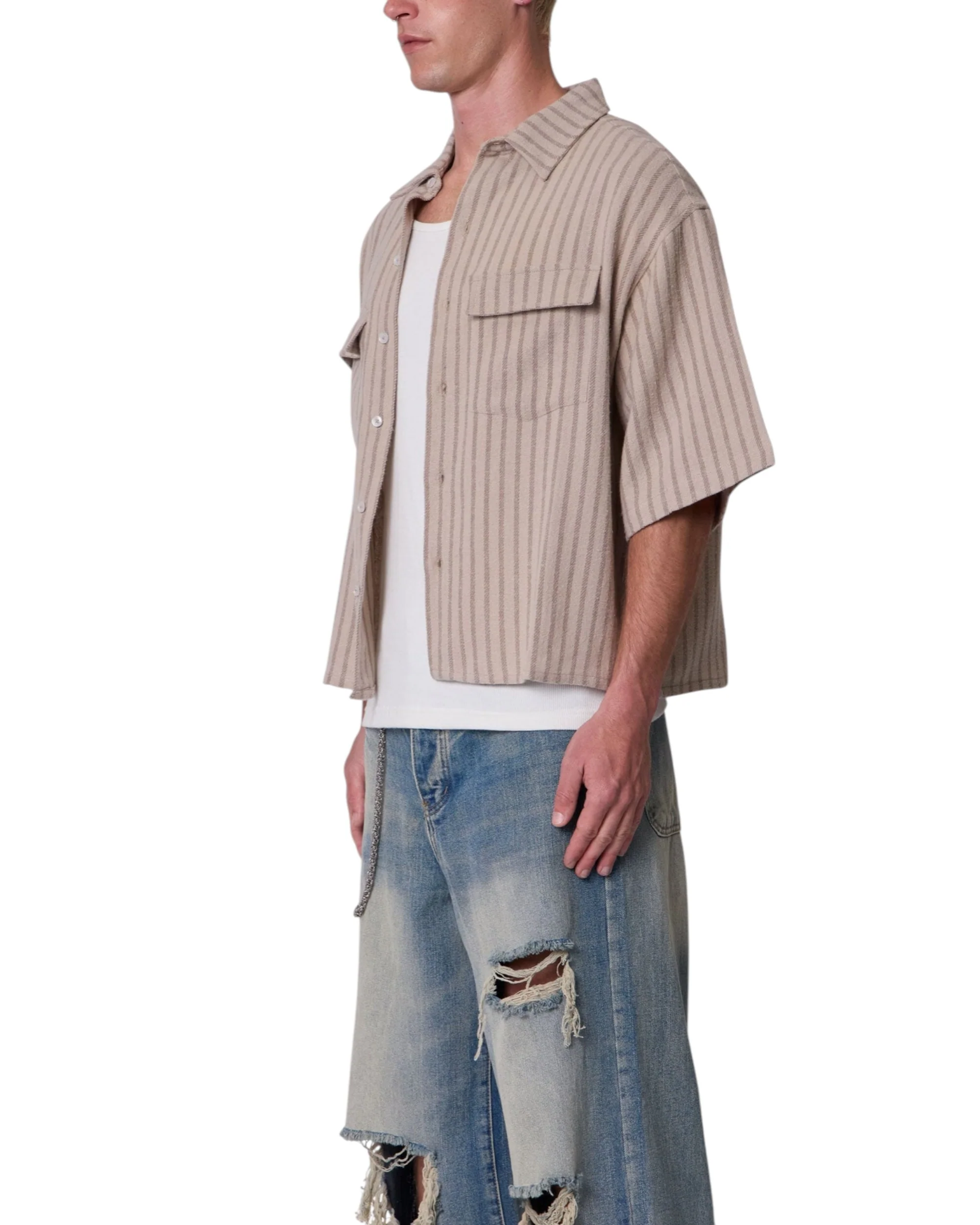 Cropped Boxy Striped S/S Shirt - Khaki - Image 5