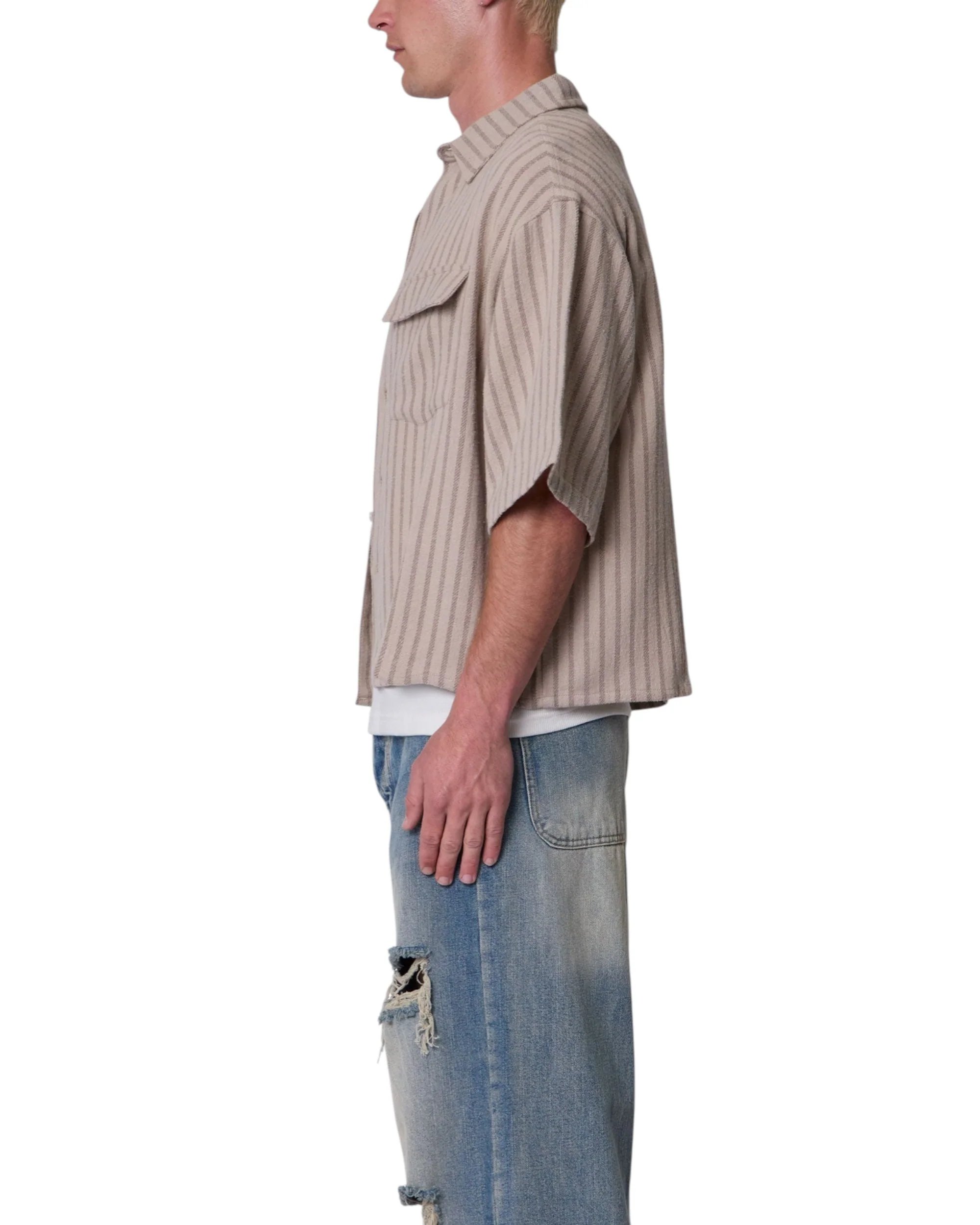 Cropped Boxy Striped S/S Shirt - Khaki - Image 6