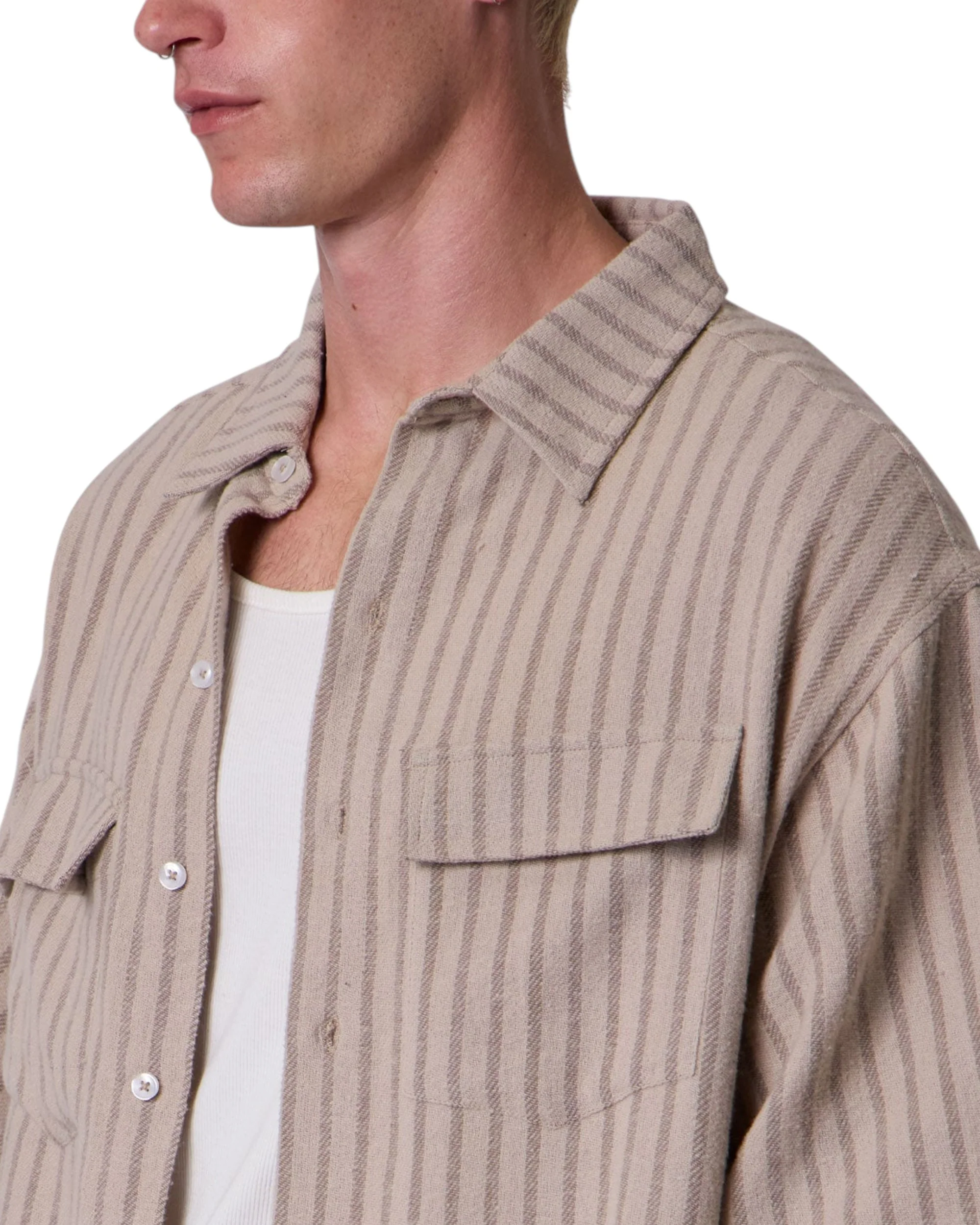 Cropped Boxy Striped S/S Shirt - Khaki - Image 7
