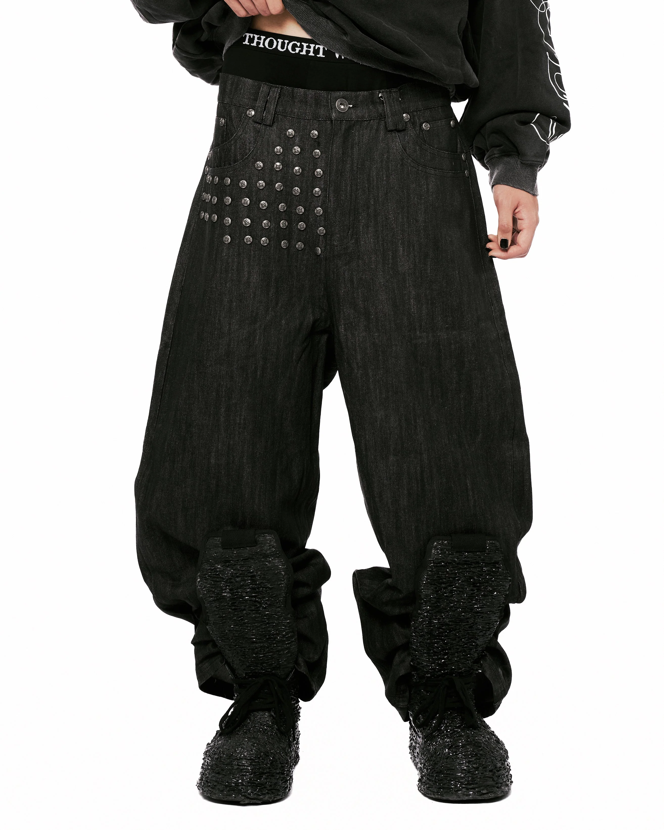 Devlin Studded Waxed Japanese Raw Denims in Black - Image 13