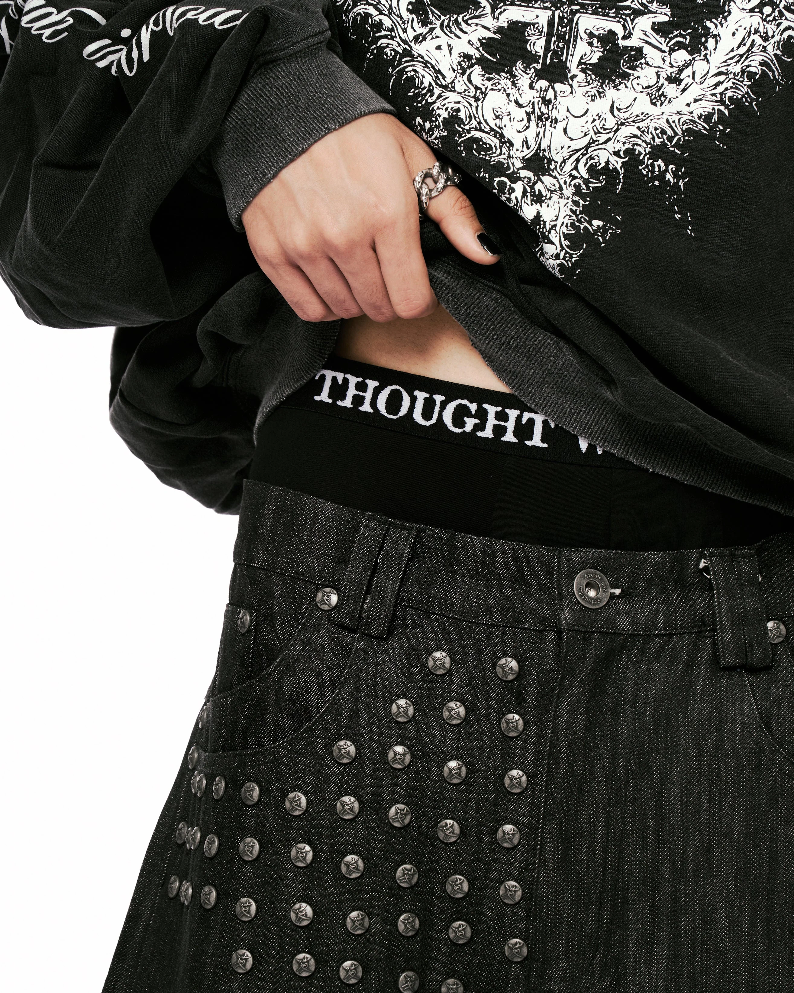 Devlin Studded Waxed Japanese Raw Denims in Black - Image 18