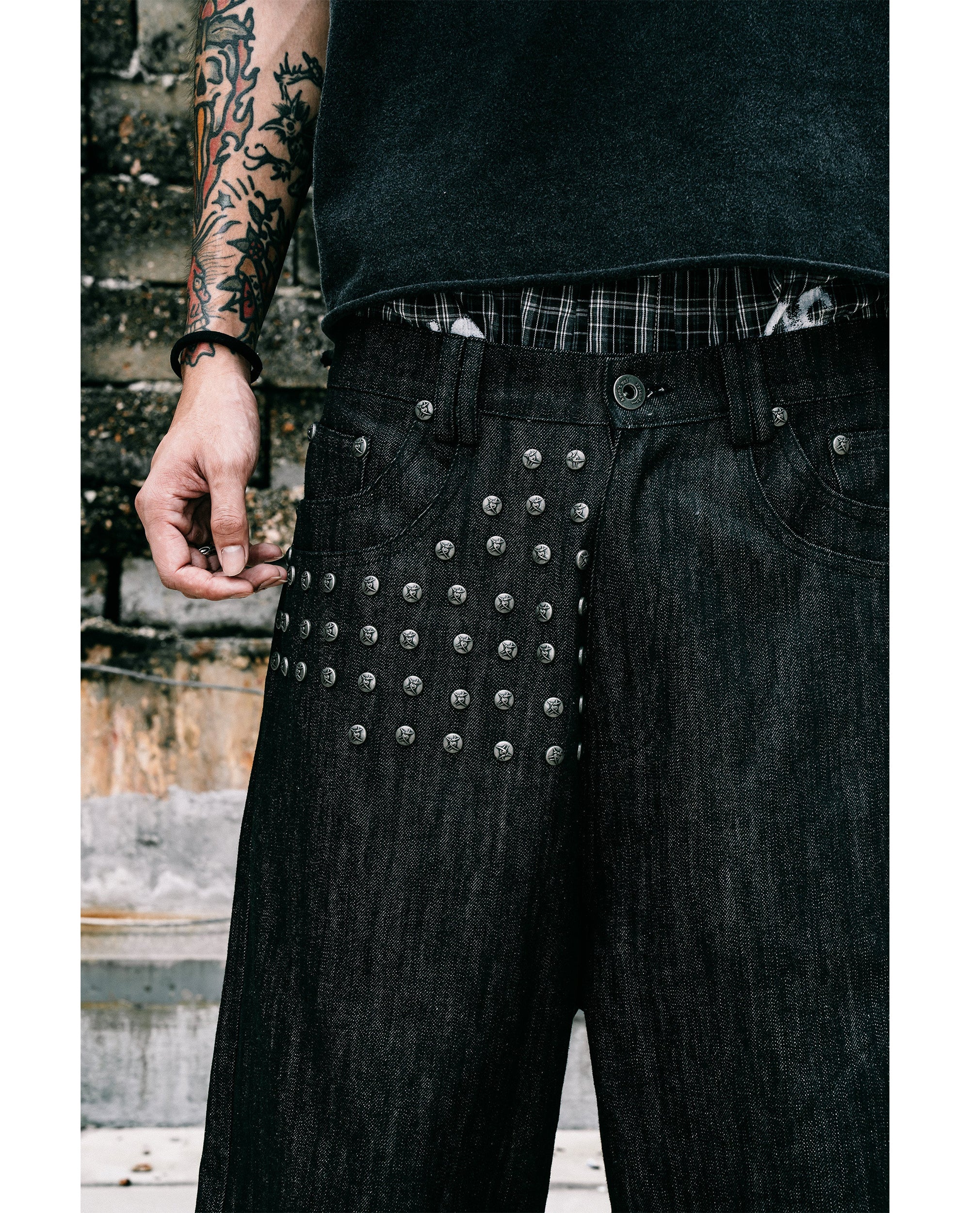 Devlin Studded Waxed Japanese Raw Denims in Black - Image 3
